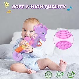Fuzqq Baby Girl Toys 0-6 Months,Musical Stuffed Animal Plush Toy with Rattle,Soft Newborn Toy for 0 3 6 9 12 Months Girls,Baby Girl Gift,Purple