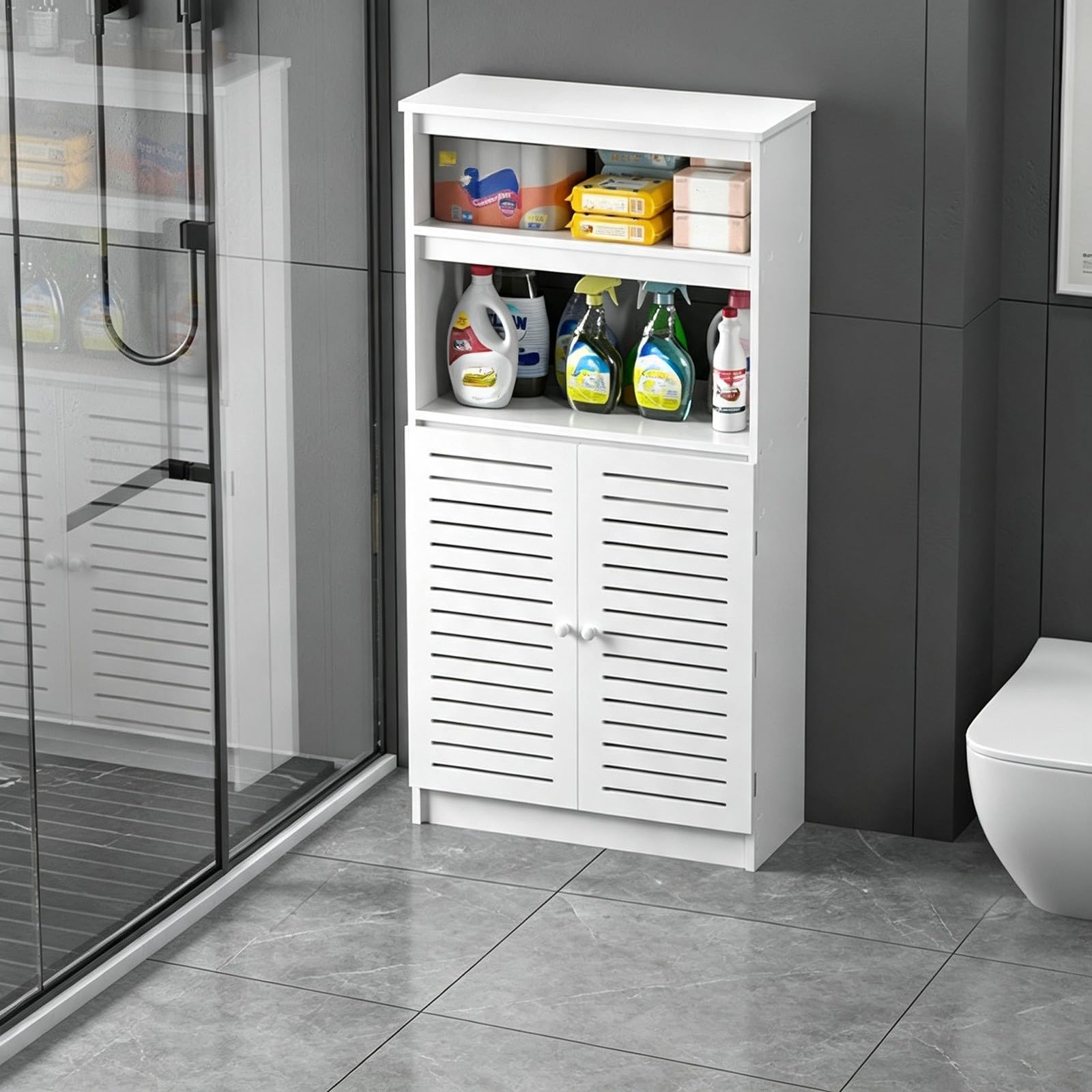 Modern Wooden Radiator Cover Cabinet with Louvered Grille and Storage Shelf