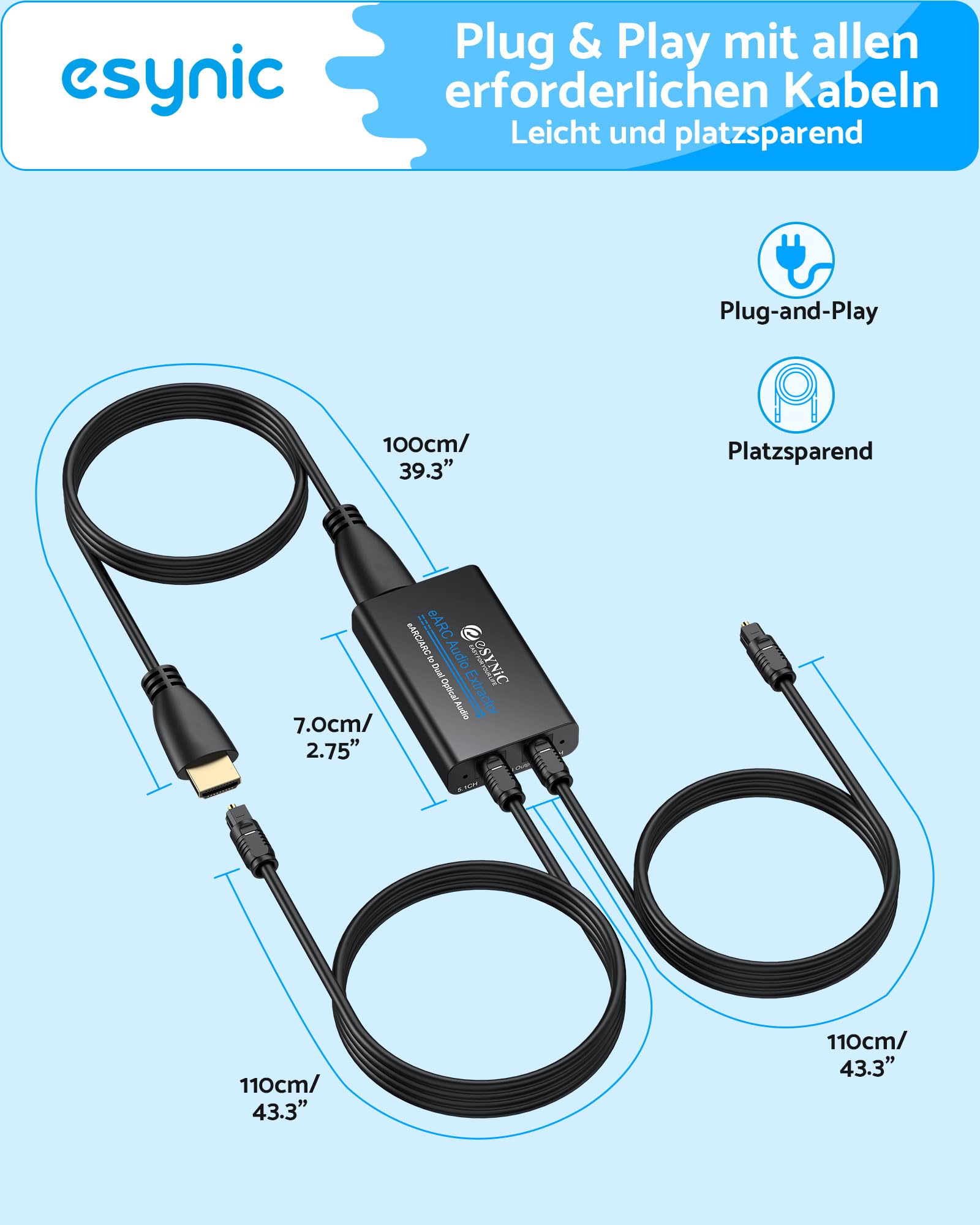 eSynic HDMI-auf-optischer Audio-Extraktor mit HDMI- und SPDIF-Kabel, unterstützt Audioformat 5.1 und 2.0 für HDTV auf Soundbar, kabellose Kopfhörer