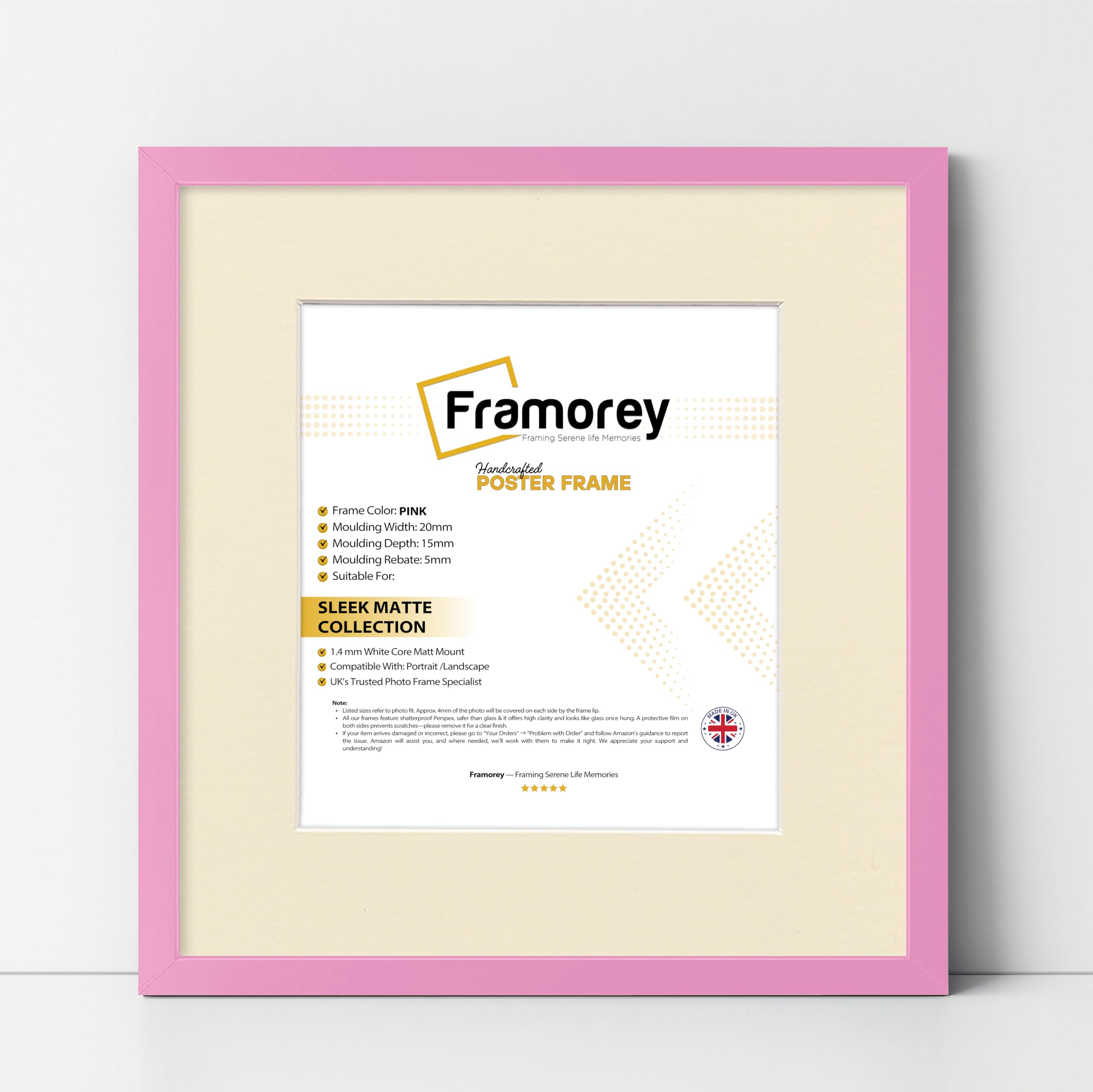 Framorey Framing Serene Life Memories Pink With Ivory Framorey Square Size Thin Matt Photo, Handmade Flat Thin Picture Frame, 50X50cm Size Pink Picture Frame With 40X40cm Size Ivory Mount, Photo Print Frames