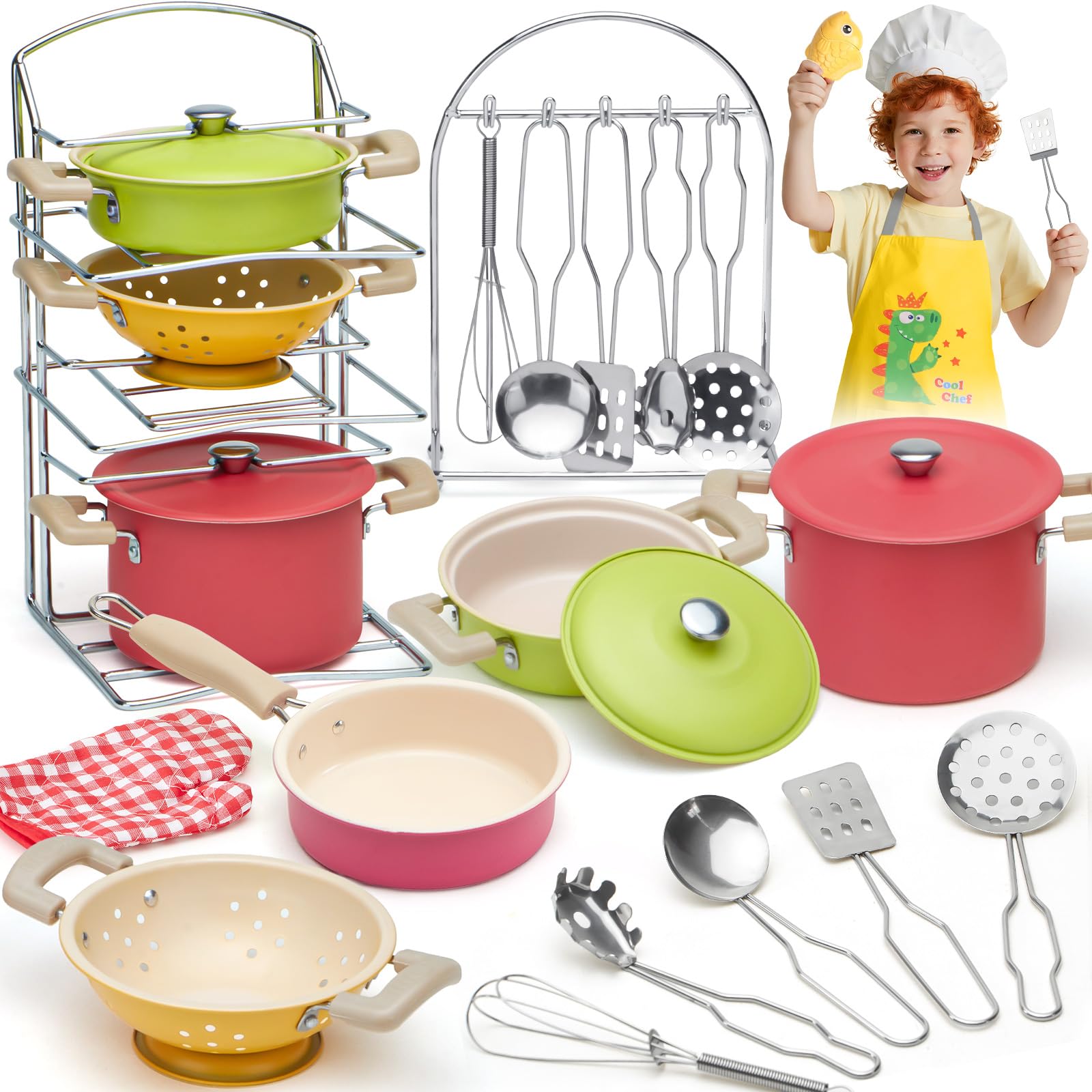 Tacobear Accessoire Cuisine Enfant Casserole et Poêle en Acier Inoxydable Ustensile Cuisine avec Tablier Gant Jeu de Rôle de Chef Cadeau Éducatif Jouet 3 4 5 Ans Garçon Fille