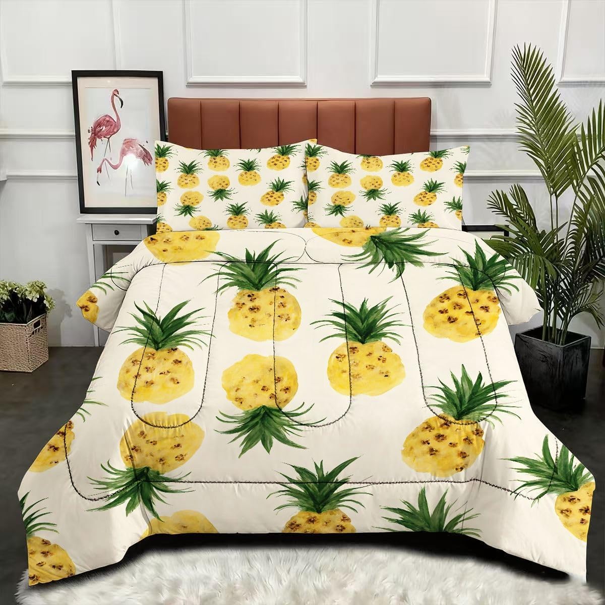 Couette 200x200 cm Ananas Fruit Jaune avec ses 2 taies d'oreiller assorties en microfibre