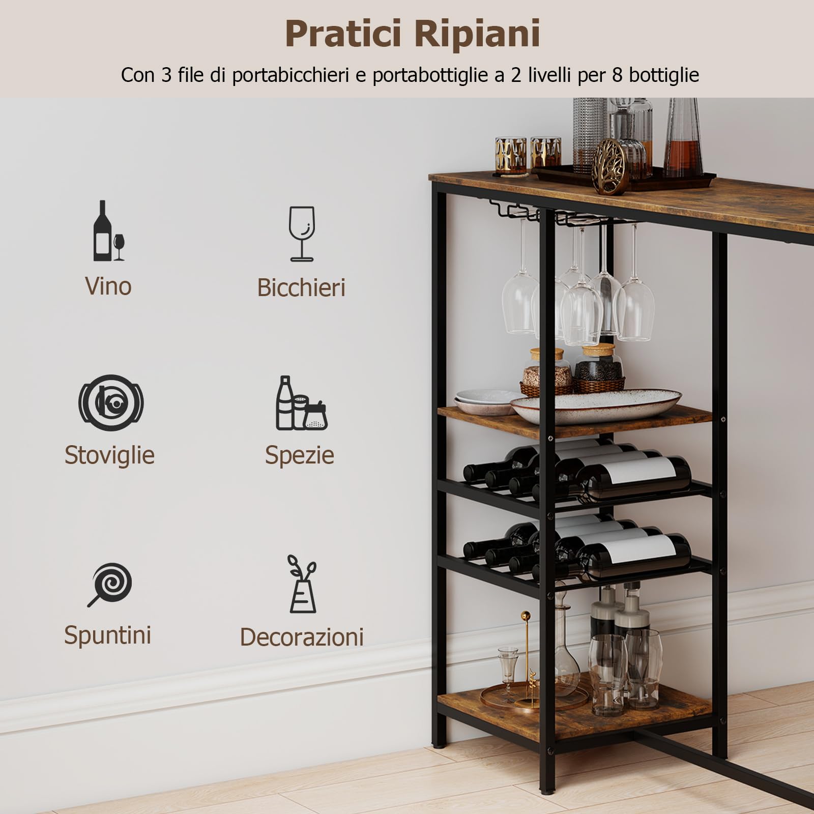 COSTWAY Tavolo da Bar 121 x 41 x 105,5 cm, Angolo Bar per Casa con Scaffali di Stoccaggio, Portabottiglie e Portacalici, Tavolo Alto per Cucina, Soggiorno, Ristorante e Bistrò