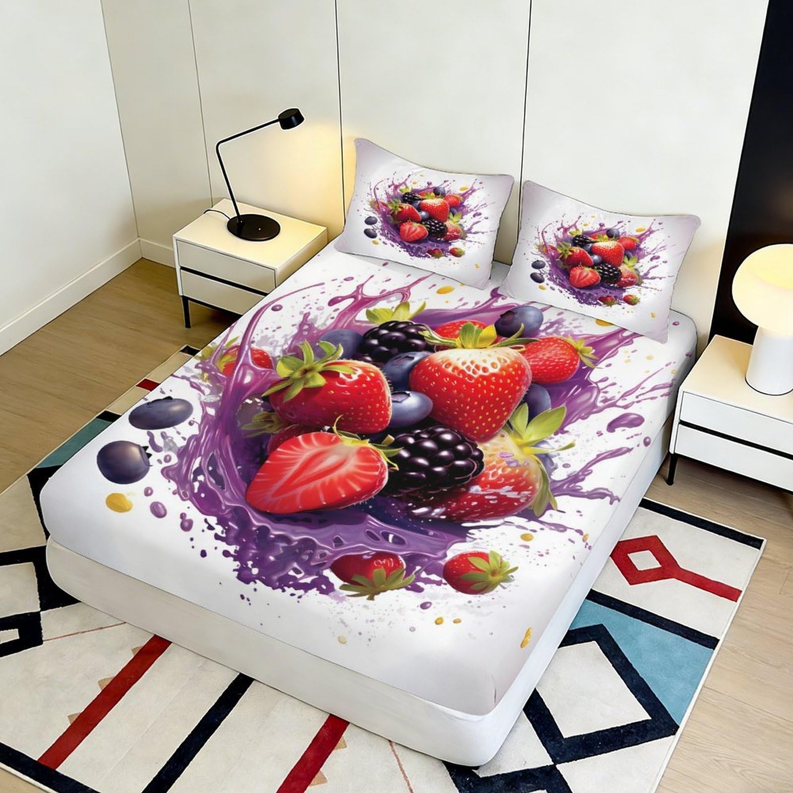 Lenzuolo con angoli con stampa 3D, motivo bacche, in microfibra, antiscivolo | morbido, coprimaterasso, facile da pulire, traspirante, lavabile in lavatrice, 180 x 200 x 25 cm