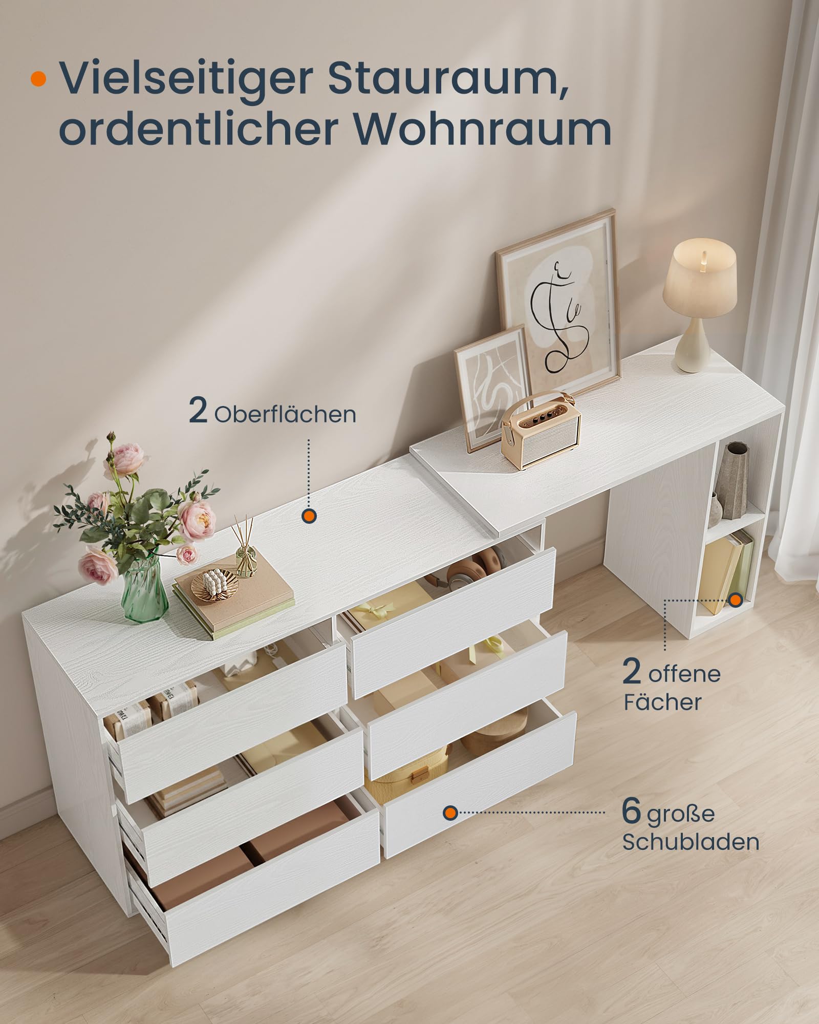 SONGMICS HOME Schminktisch, superschnelle werkzeuglose Montage, Toolless-Technologie, Kommode mit Regal, Schrank, nebeneinander oder L-förmig, für Schlafzimmer, Arbeitszimmer, schneeweiß LTS656W01