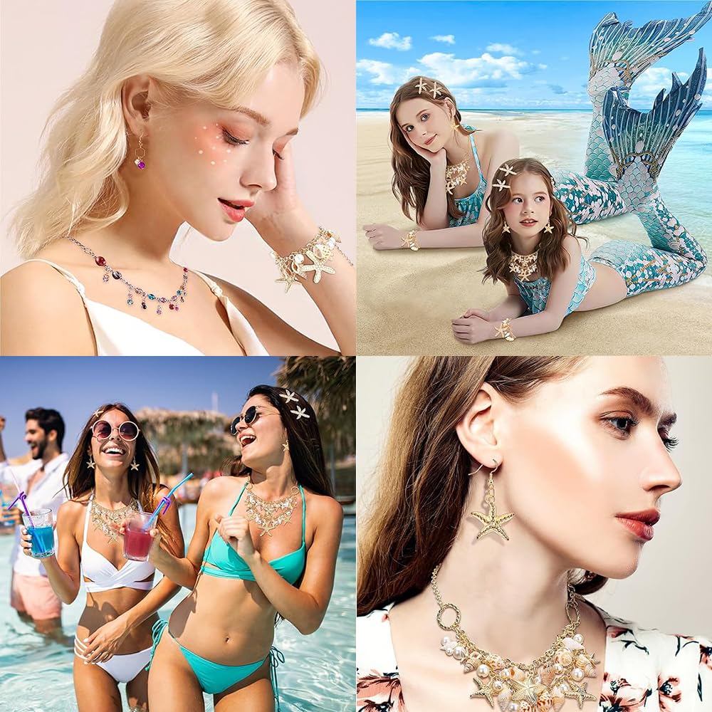 YGCHEN Conchiglia Stella Marina Gioielli, Sirena Accessori per Costumi, Collana Conchiglia, Bracciale Perle, Orecchini Stella Marina, Set di Gioielli da Donna