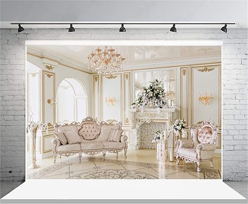 Miniatura 4 de AOFOTO Telón de fondo de lujo de 10 x 7 pies para decoración interior de lujo, lámpara de araña real, sofá, chimenea, flores, fotografía, fondo,