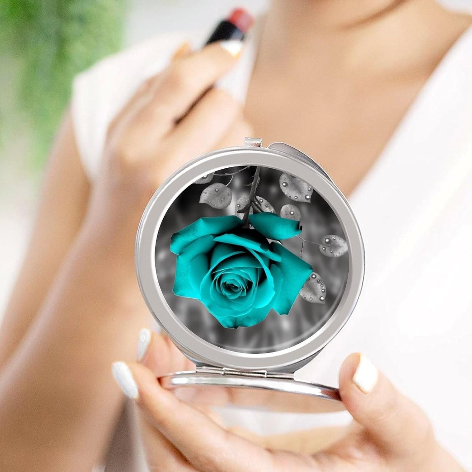 Travel Teal Grey Rose Makeup Mirror Compact Pocket Vanity Mirror Double-Sided 2X /1x Magnifying Round Folding Handheld Cosmetic Beauty Mirrors for Purse Handbag image 4