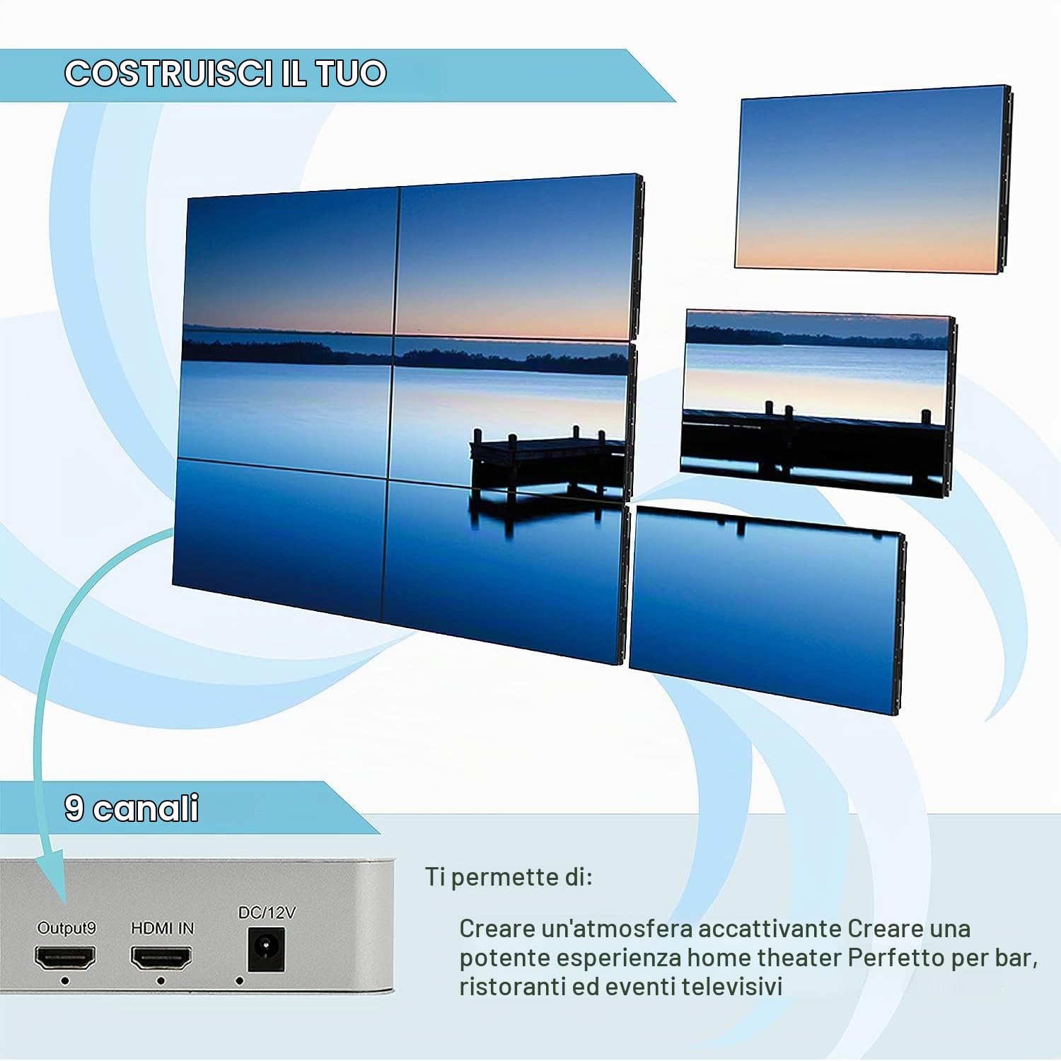 4K 3 x 3 Nuovo video wall controller USB+HDMI Input HDMI Output con Media Player, IR Remote+Voice Control+RS232, Edge Masking, 1x2, 1x3, 1x4, 2x1, 2x2, 2x3, 2x4, 3x1, 3x2, 3x3, 4x1, 4x2