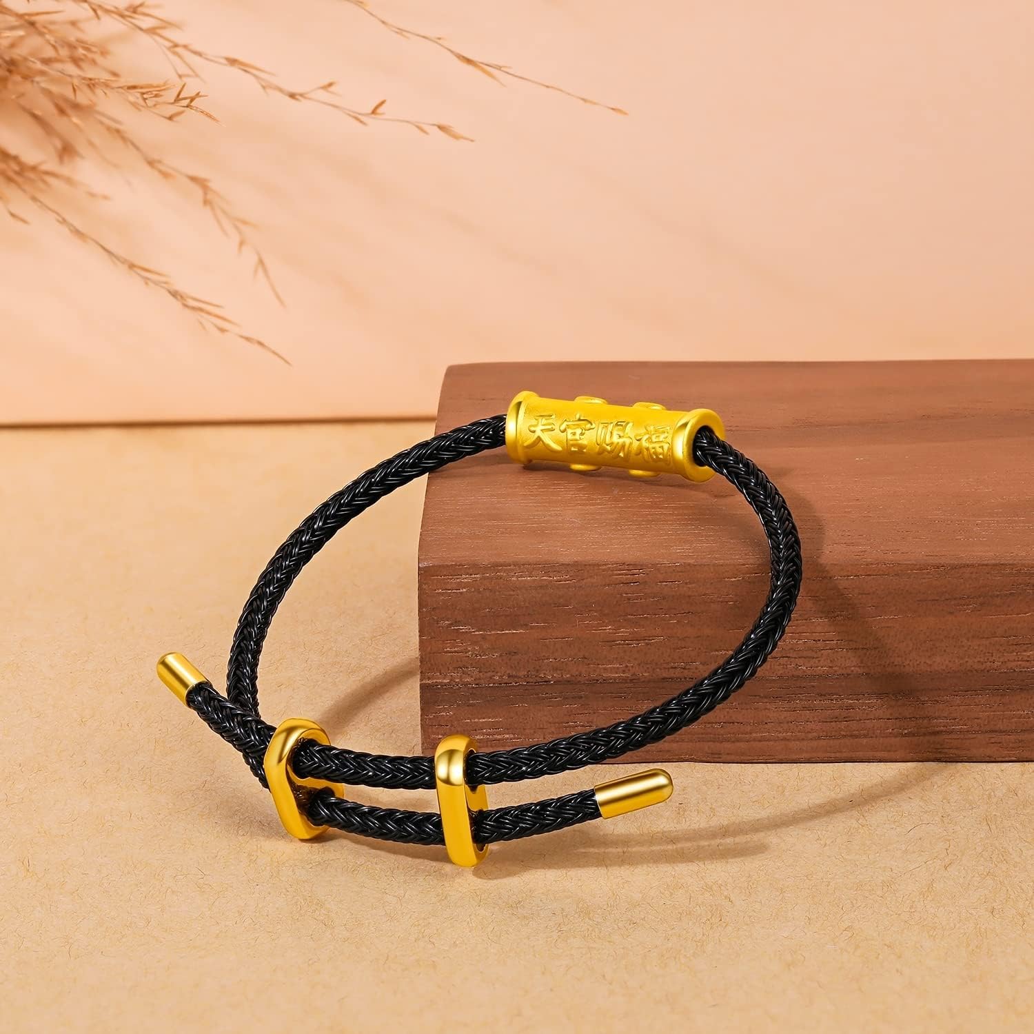 24K Gold Bracelet Blessing Charm Bracelets Adjustable Black Chain Lucky Bead Link Trendy Protection Charms Dainty Bangle Good Luck Cuff Stackable Beads Bangles Feng Shui Real Gold Gifts for Men Women