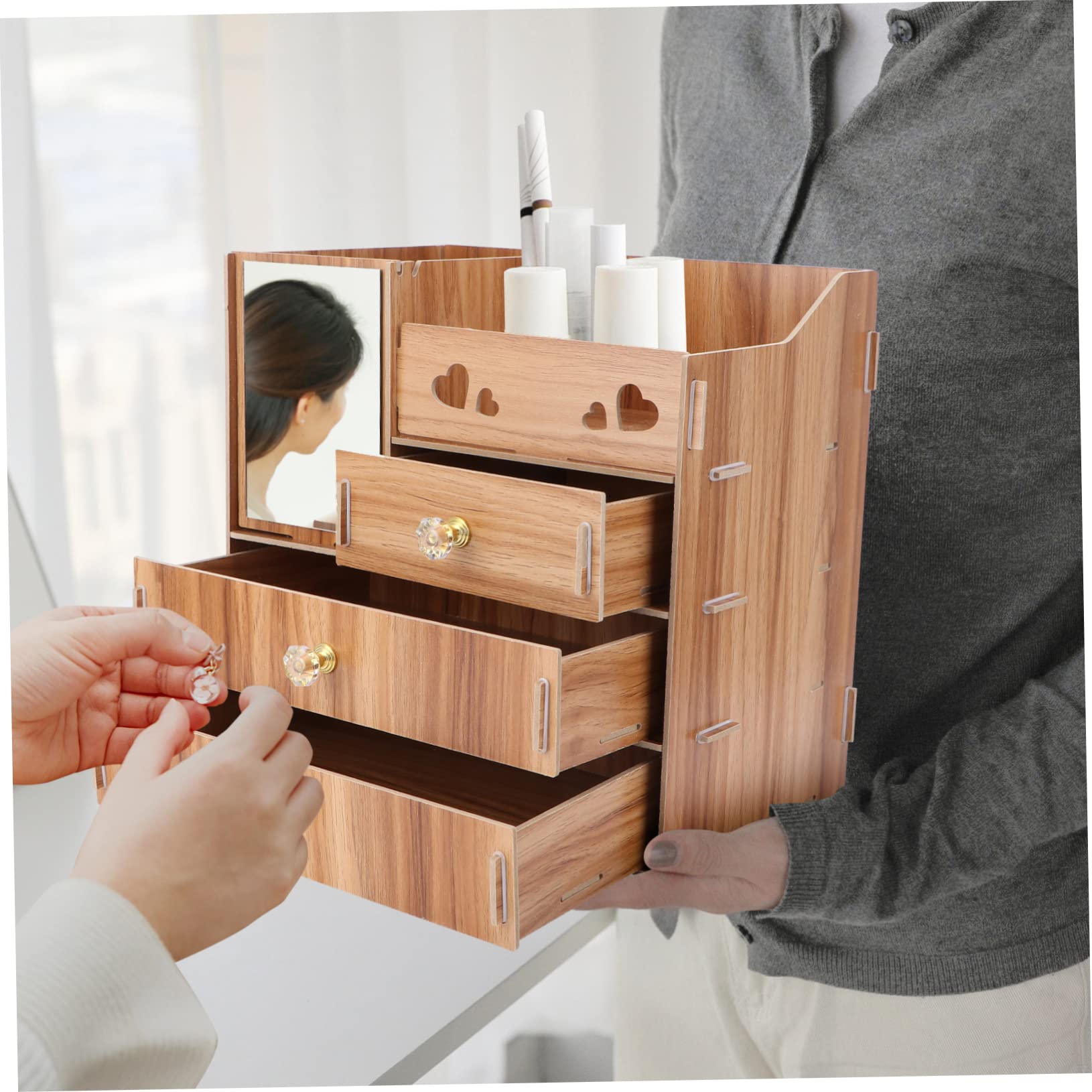 Boîte de Rangement à Tiroir pour Cosmétiques Marron en Bois