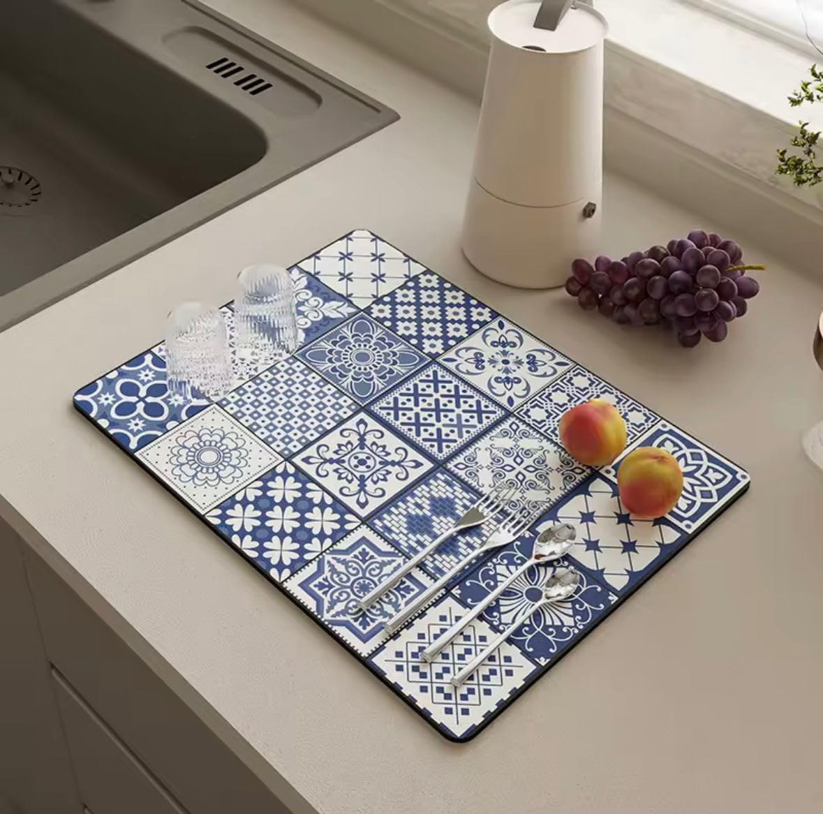 HomeCloud Dish Drying Mat for Kitchen Counter Hide Stain Super Absorbent, Non-Slip, Heat-Resistant, Great for Dishes,Rack Pad, Kitchen Counter, Coffee Maker, Coffee Item (White_Blue_Multi, 40x50cm)