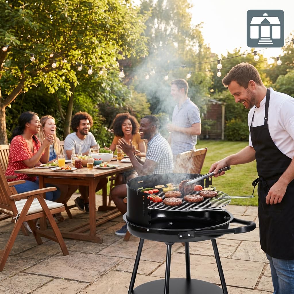 Tarrington House Holzkohlegrill Deluxe, Stahl, Tragbarer, rund, hohenverstellbarer Grillrost Ø 48 cm, mit Rädern, schwarz