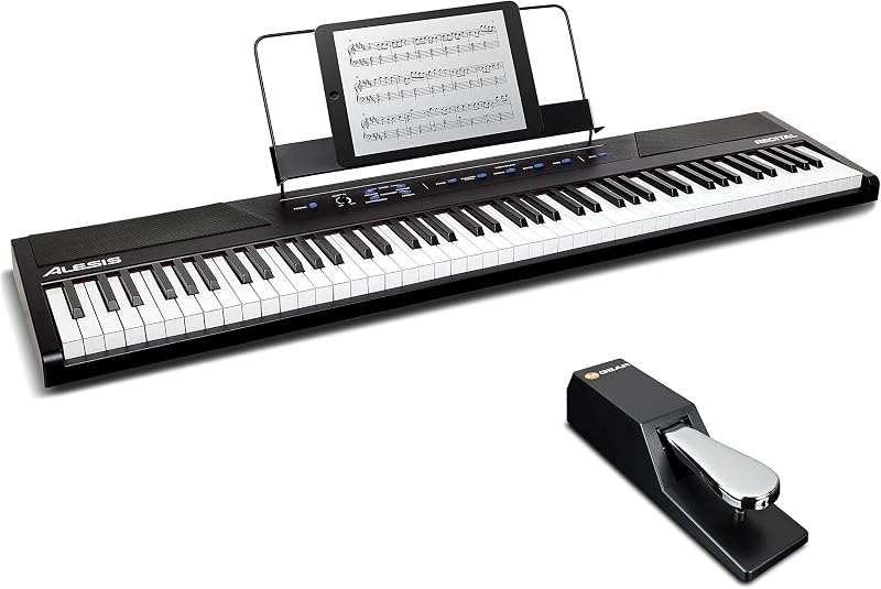 Paquete de piano digital - Teclado eléctrico con 88 teclas semicontrapesadas, parlantes incorporados, 5 voces y pedal de sostenido - Alesis Recital y M-Audio SP-2