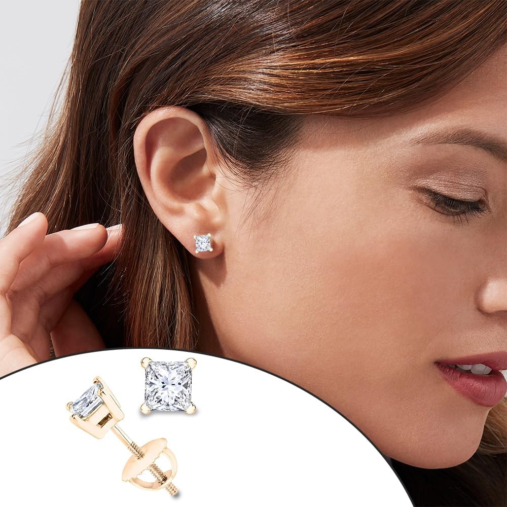 Princess cut Diamond Stud (IGI Certified (0.70ct & up) ScrewBack 14K from (0.04ct - 2.00ct, Clarity-I2)