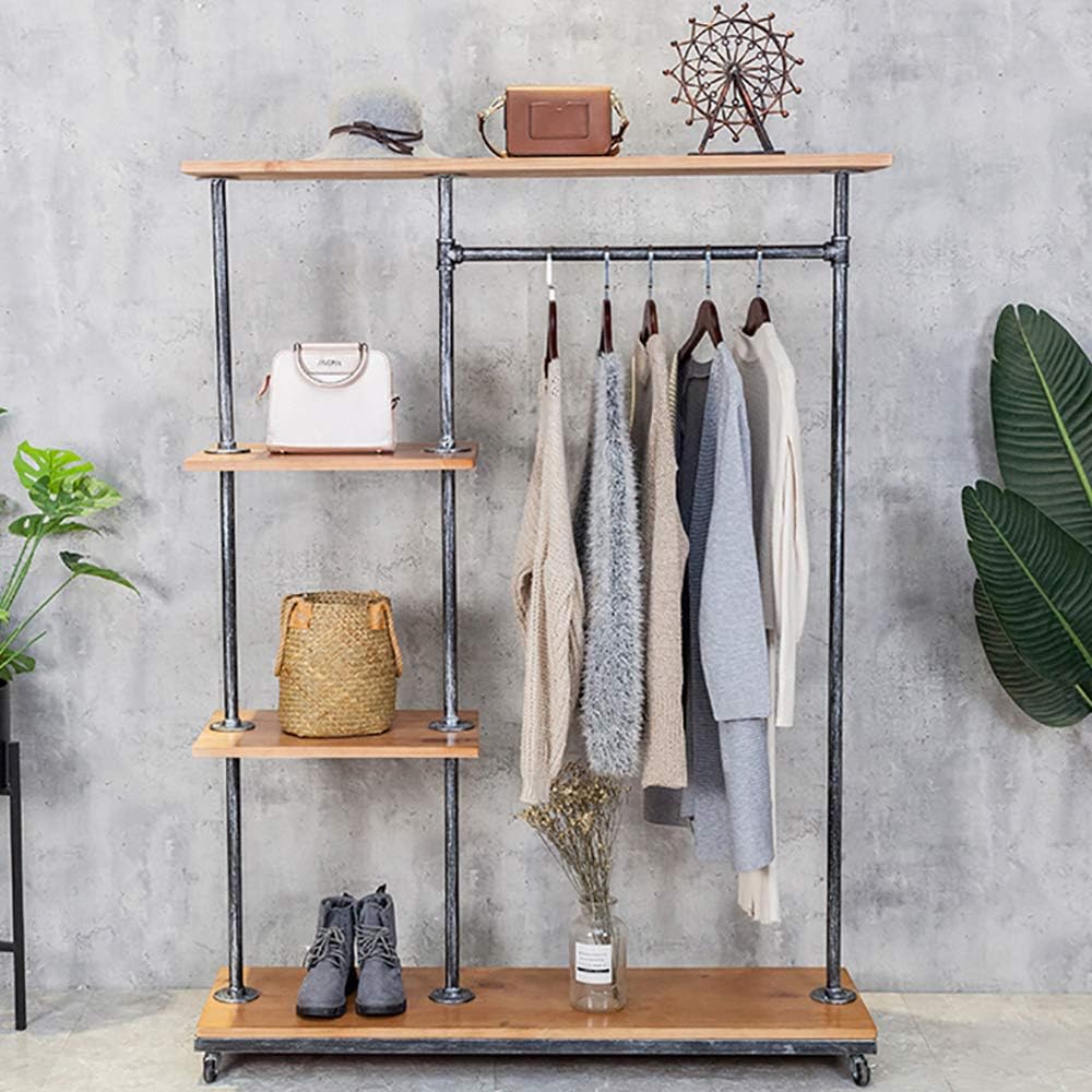 Industrial Style Rolling Clothes Rack,Heavy Standing Hanger,Wheels Pipe Shelves,Bagging Clothes Organizer,Shoe Cabinet Storage Rack,Iron and Wood,47.2" x 14" x 65"