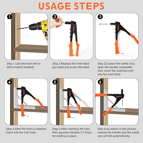 Miniatura 4 de Meiwaltee Pistola de remache, kit profesional de remache con 200 remaches, 3/32"-1/8"-5/32"-3/16", kit de remachador de mano pesado adecuado
