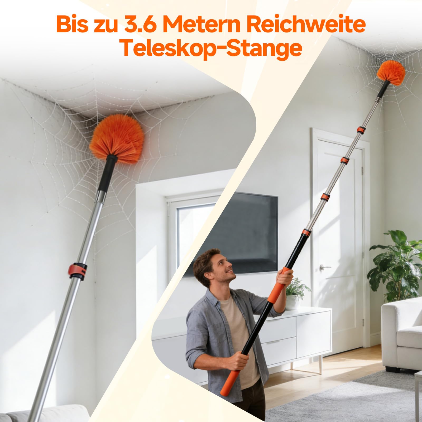 3.6m Staubwedel Teleskop Waschbar, Teleskopstange Fensterreinigung, Staubwedel Lang Ausziehbar, Spinnwebenbesen mit Teleskopstiel für Decken und Wände, Gelb, Deckenventilatoren