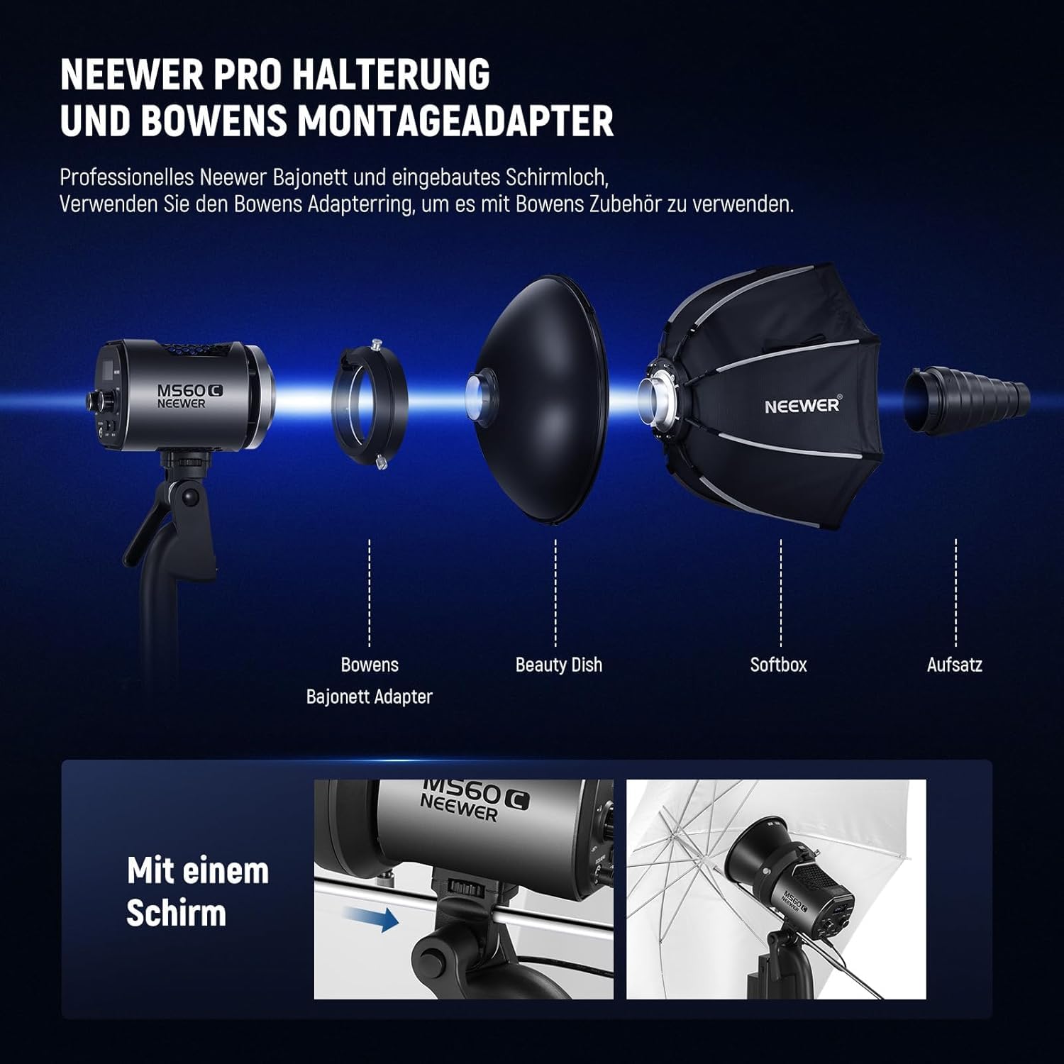 NEEWER MS60C RGBWW LED Videoleuchte Studiolicht 2,4G/APP Steuerung, 65W Ganzmetall Mini Kompakt RGB COB Studio Dauerlicht 2700K-6500K/8300lux@1m/CRI 97+/TLCI 98+/17 Effekte + RGBCW Bowens Halterung