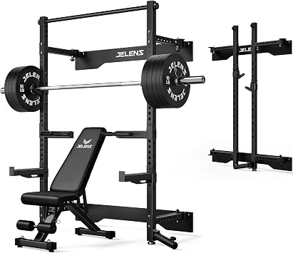 JELENS SF01 Folding Squat Rack, Wall Mounted Power Rack for Home Gym, Space Saving Multi-Functional Power Cage with More Attachments