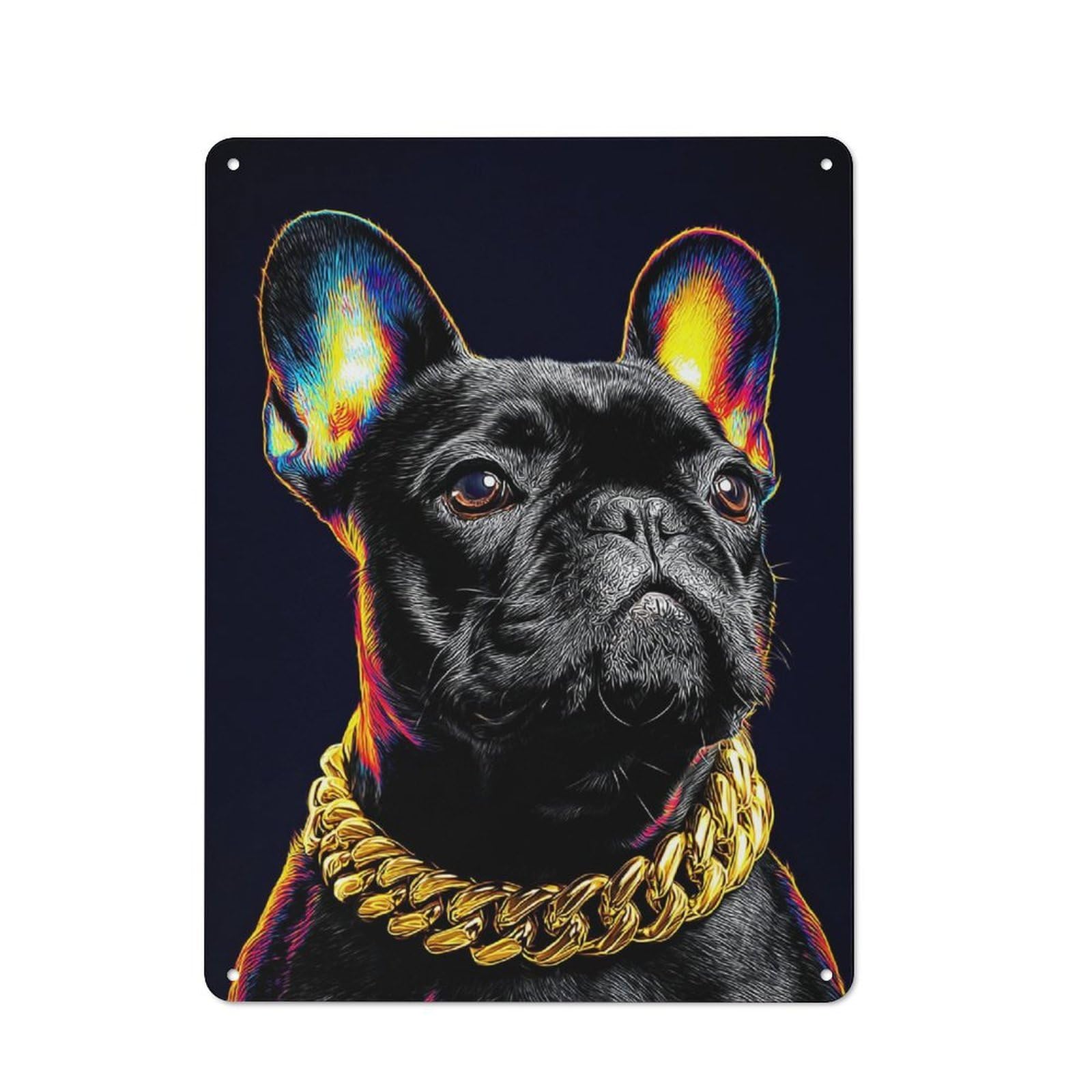 Junmoney Neon Bulldog With Gold Chain Tin Wall Plaque 40X30cm With For Garage Or Workshop, For An Autumn Wall Display In Garage And Workshop