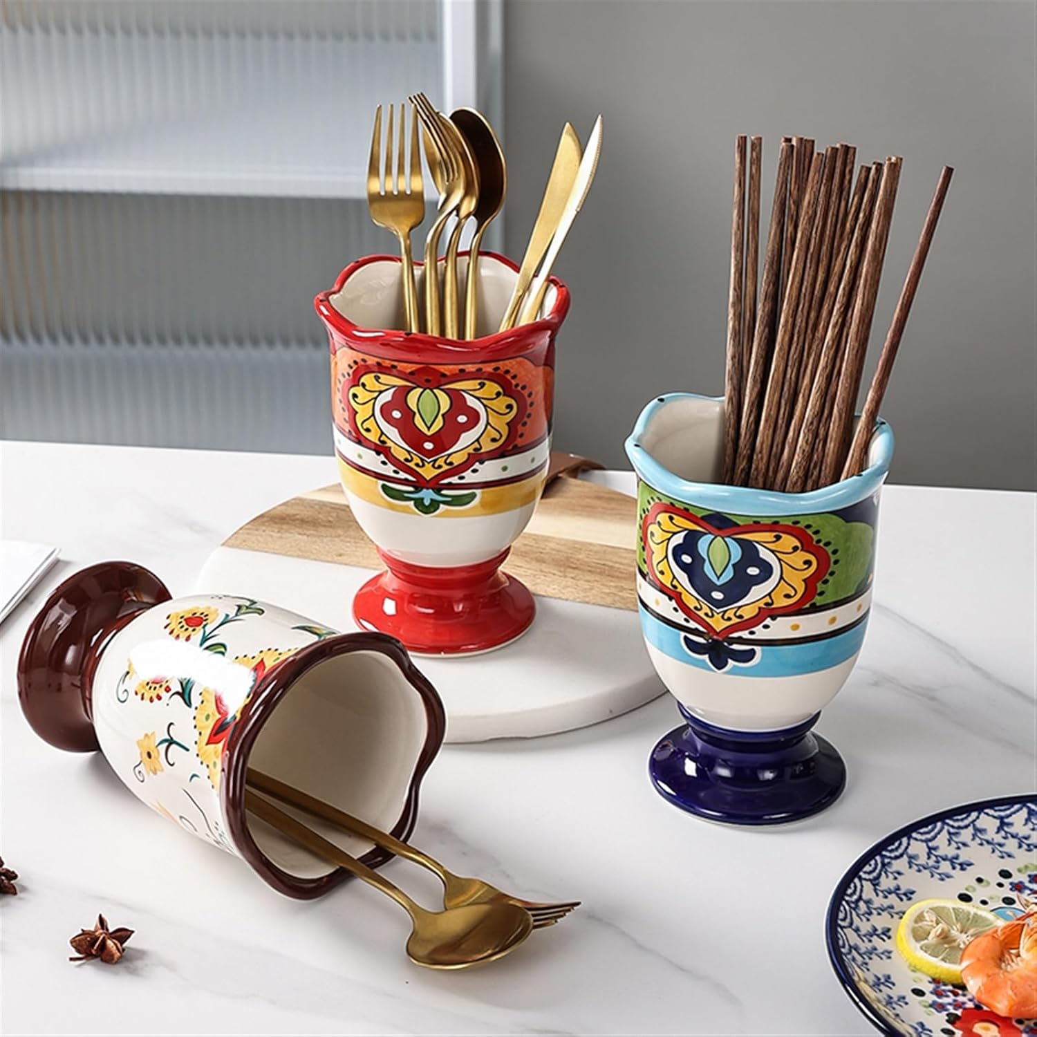 調理器具キャディ キッチンカウンター用食器ホルダー、ボヘミアンスタイルセラミック食器オーガナイザーカトラリー水切り、スプーン箸フォー