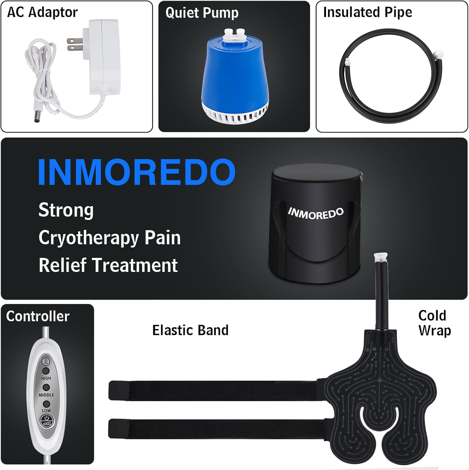 Inmoredo Portable Cold Therapy System Machine with Adjustable Knee, Therapy Ice Machine After Knee Surgery, Flexible Universal Pad Suitable for Shoulder, Ankle, Cervical, Back, Leg and Hip Black