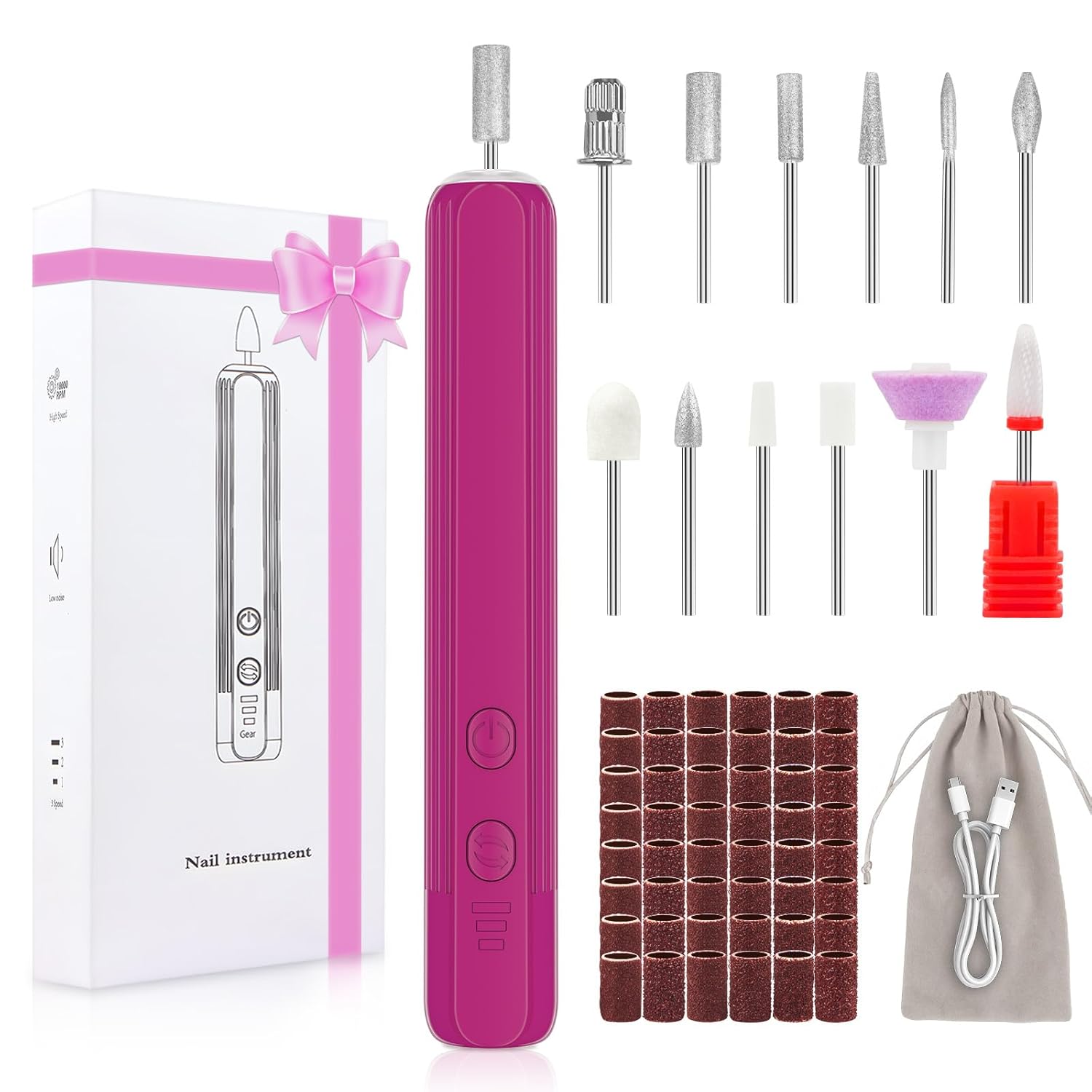 Professional Nail Drill Set, 2,0000 RPM Electric Nail File with 12 Grinding Head & 100Pcs Sanding Bands for Acrylic Gel Nails, Manicure and Polishing (Wine Red) Professional Nail Drill Set, 2,0000 RPM Electric Nail File with 12 Grinding Head & 100Pcs Sanding Bands for Acrylic Gel Nails, Manicure and Polishing (Wine Red)