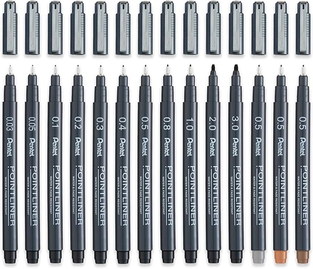 Pentel S20P Pointliner Pigment Liner Technical Drawing Fineliner Pen - Full Range - Black, Sepia, Sanguine & Grey Ink - Pack of 14