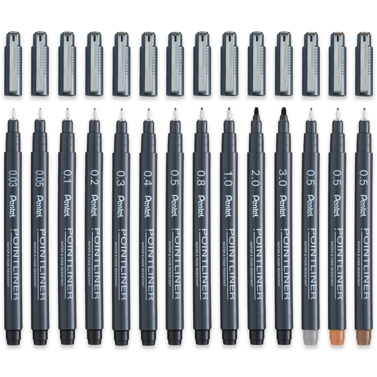 Pentel S20P Pointliner Pigment Liner Technisches Zeichnen Fineliner Pen – Full Range – Schwarz, Sepia, Sanguine & Grey Tinte – 14 Stück