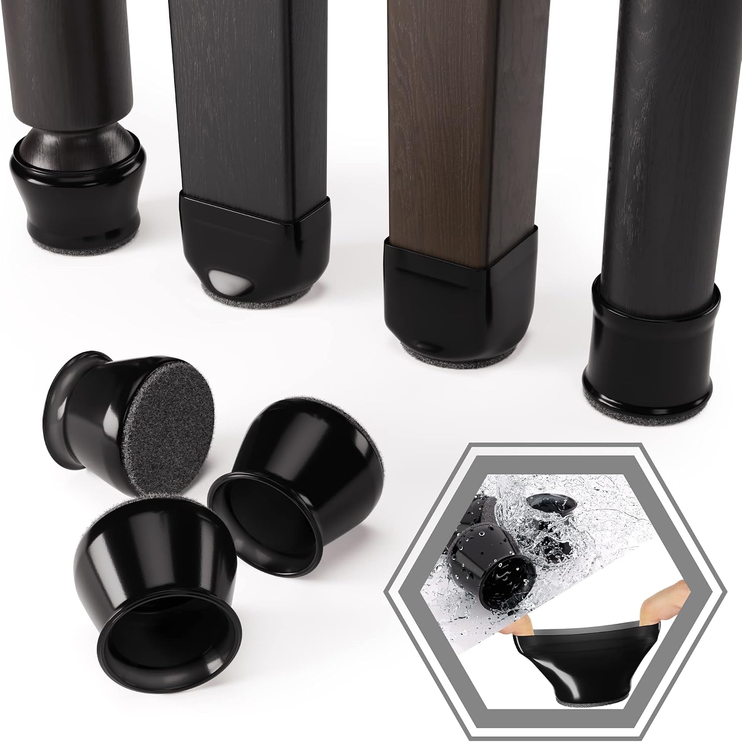 Small Heavy Duty Durable Chair Leg Floor Protectors - Midnight Black 16 pcs – Furniture Leg Protectors with Reinforced Felt pad Bottom. Protect Your Floors from Scratches and Reduce Noise