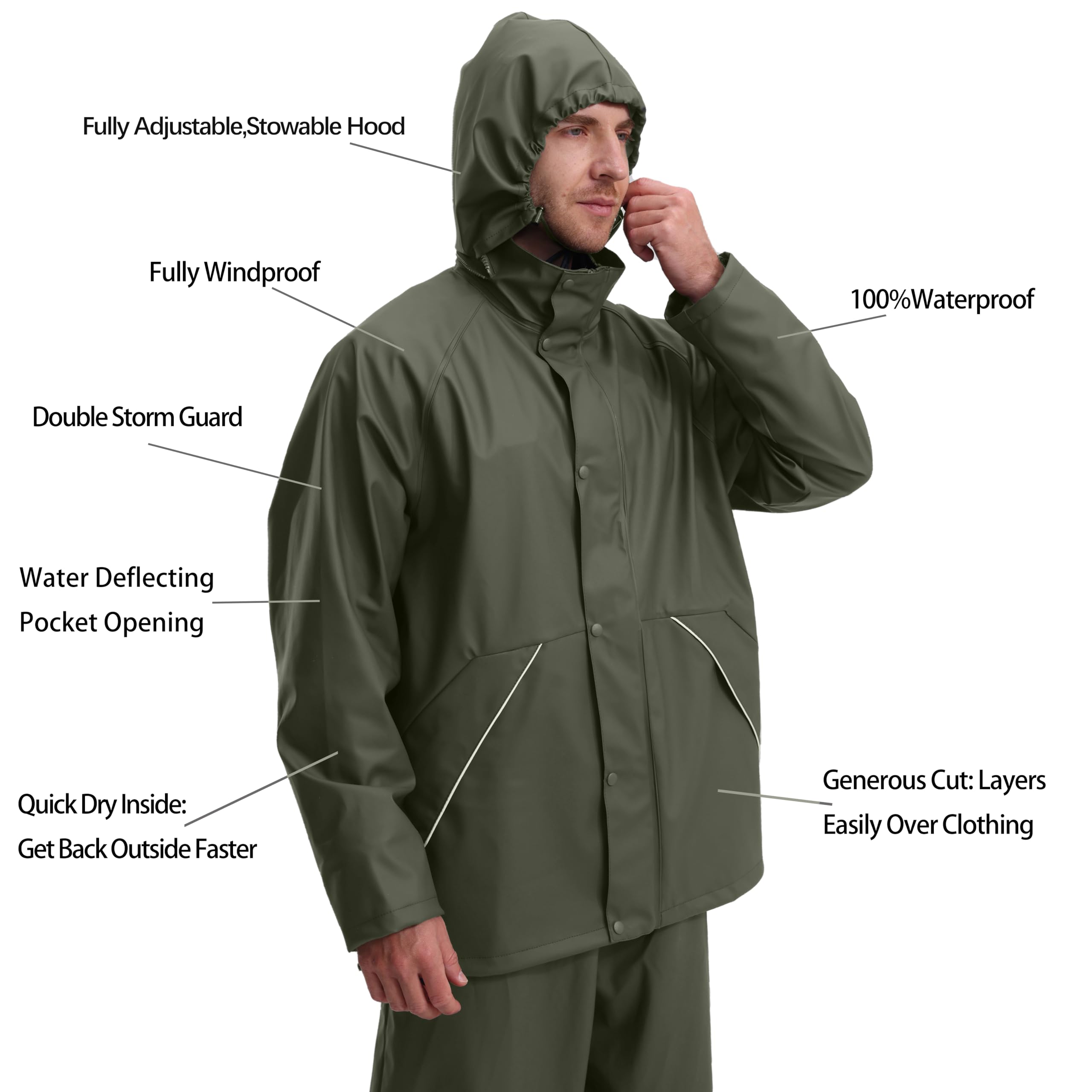 Herren Regenanzug Wasserdicht – Robust PU-Material mit Kapuze & Latzhose, Heavy-Duty Schutz für Arbeit, Bau, Angeln & Outdoor WS-005