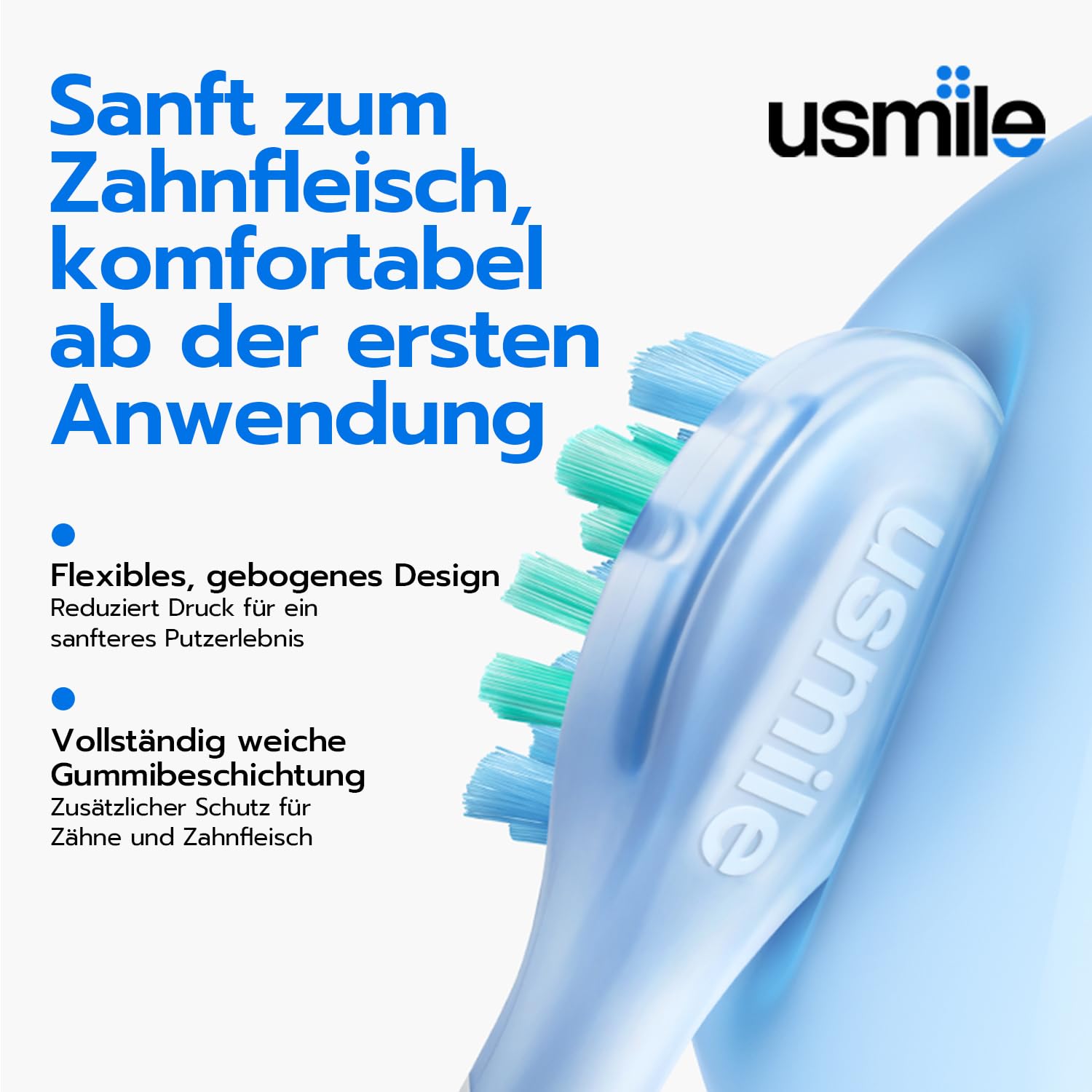 usmile P10S elektrische Zahnbürste – 3 Modi (Tiefenreinigung & Aufhellung), 180 Tage Akkulaufzeit, gepolsterter Zahnfleischschutz-Bürstenkopf für empfindliche Zähne, Smart-Timer, 2 Bürstenköpfe (Blau)