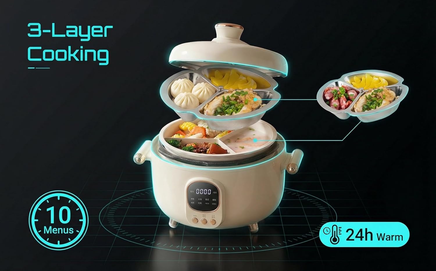 Lemuugo Electric Rice cooker, Smart Electric Hot Pot with Digital Display, 10 Cooking Functions, 24-Hour Timer, Multi-Compartment Design, 0-70KPa Hot Pot Pressure Cooking, Heat Preservation