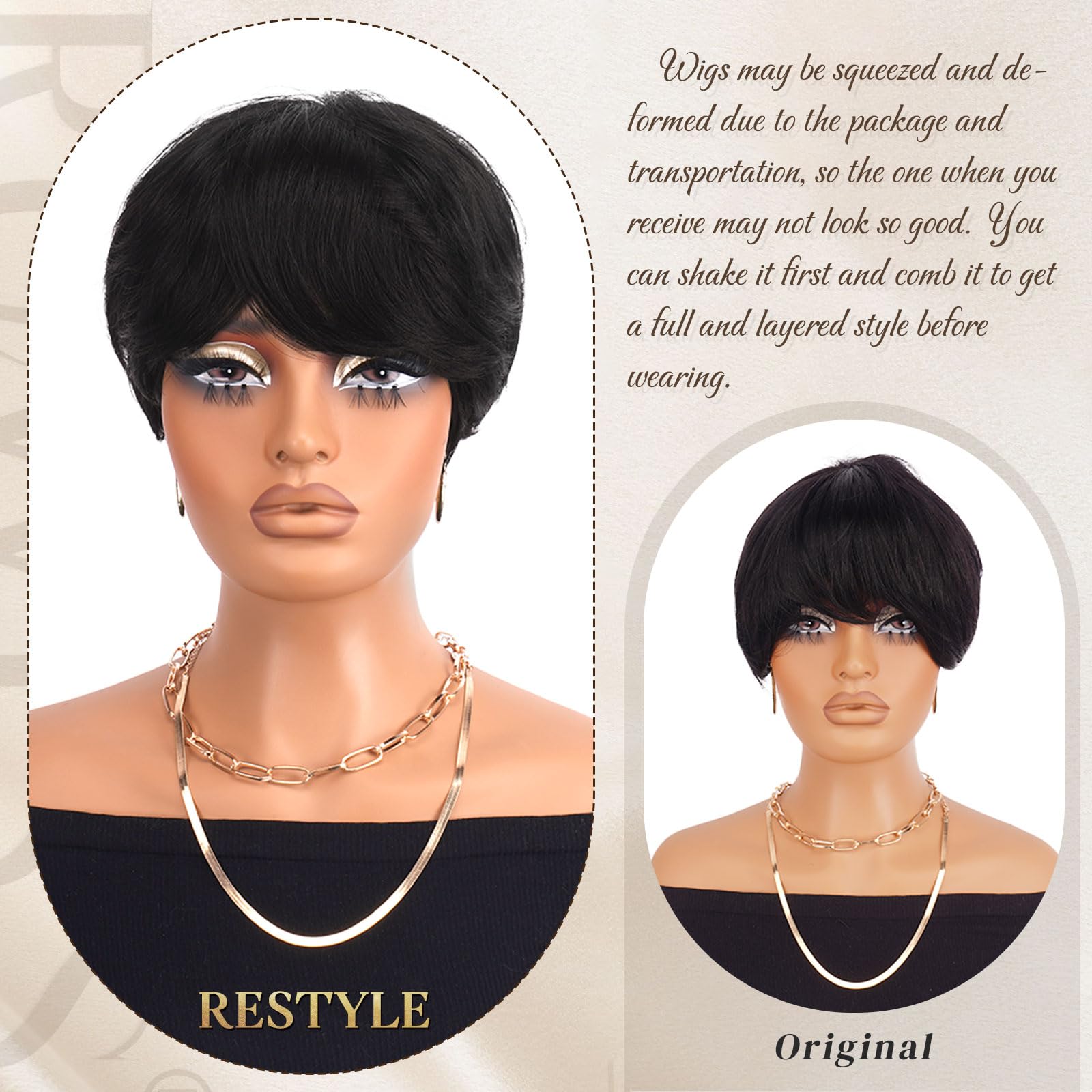 RUWISS Pixie Cut Human Hair Wig for Black Women with Bangs Natural Look Hair Wig Short Natural Layered Wavy Wig Glueless Pixie Wig (1B#) - Image 3