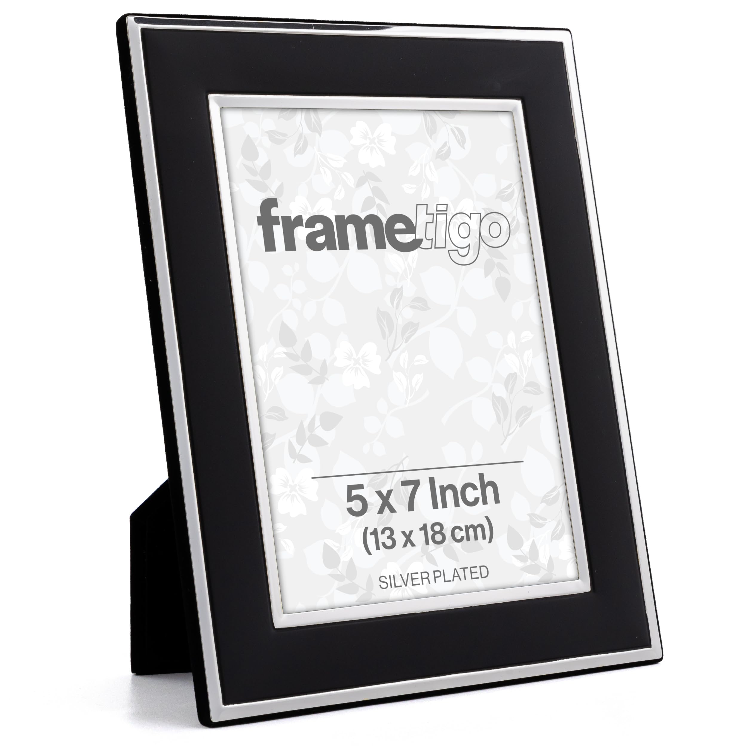Frametigo Black - Silver Plated Photo Frame, 5"X7" (13X18cm) Photo Size - Velvet Frame Backing & Stand - Real Glass Window - Tarnish Resistant - Landscape Or Portrait Orientation