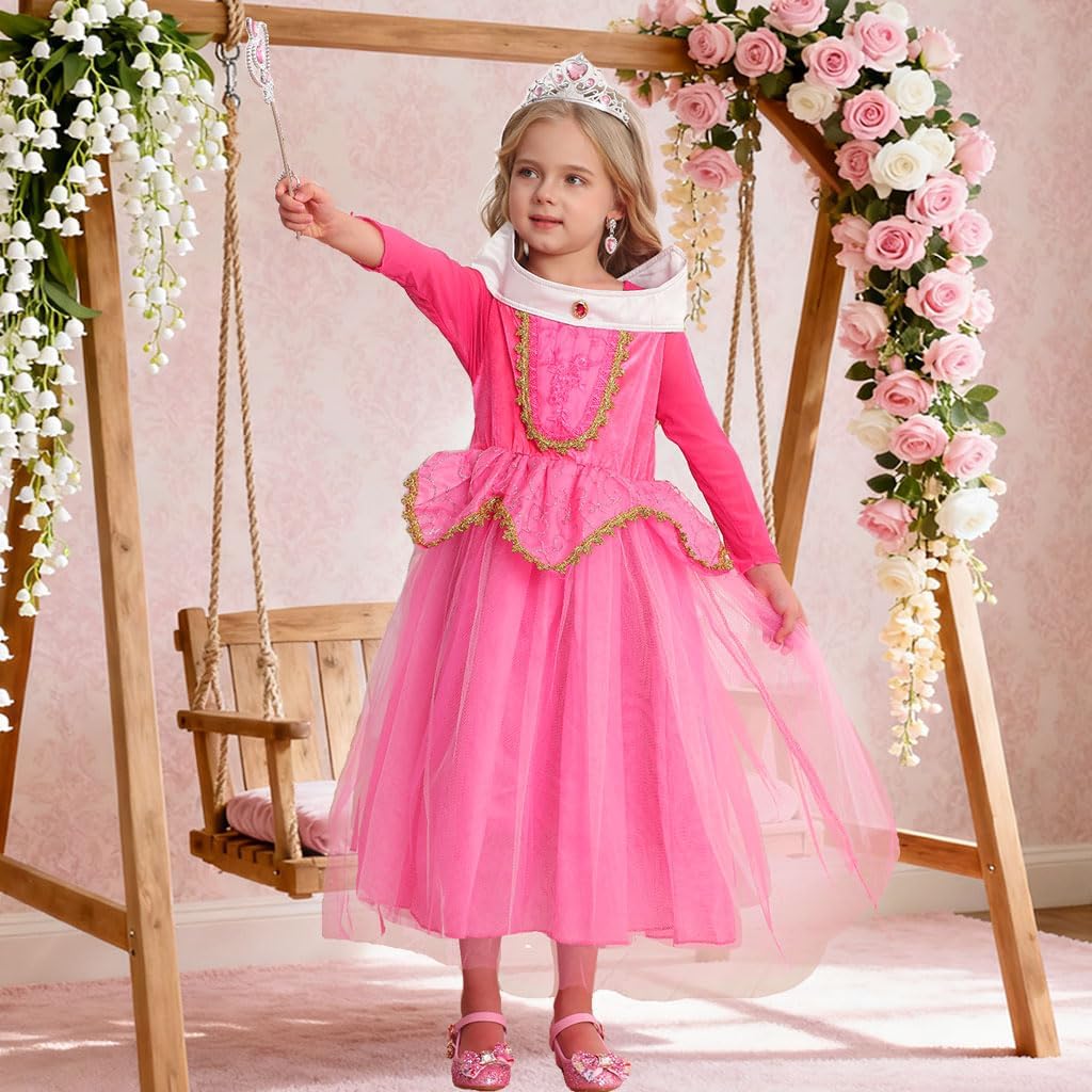 iTVTi Girls Princess Dress Up Halloween Party Costume with Crown Wand Earrings Ring Pink