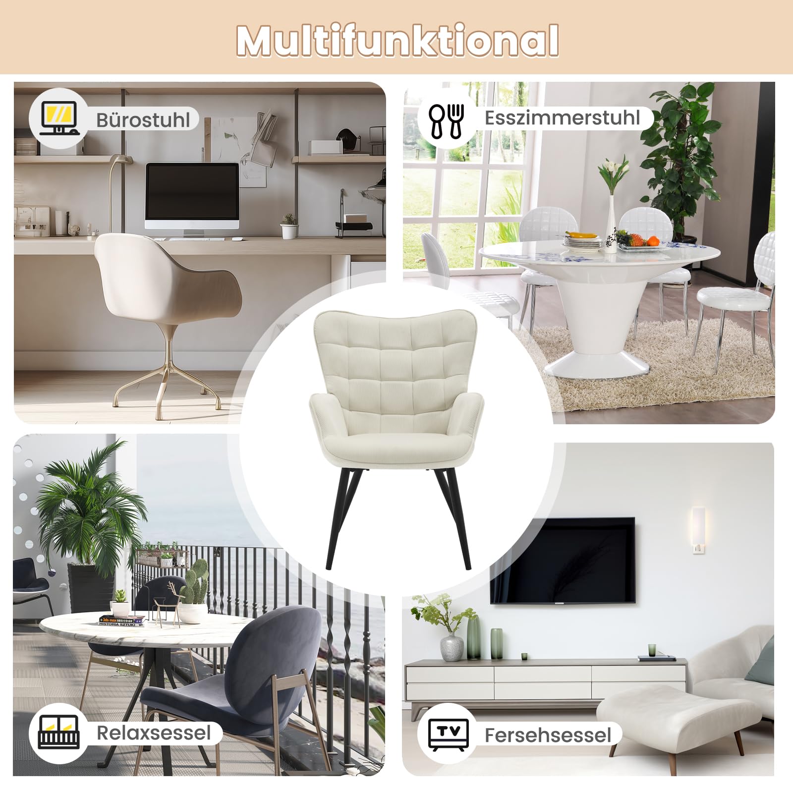 WOLTU Ohrensessel modern, Sessel Wohnzimmer, Schlafzimmer, Balkon, Relaxsessel bequem, mit Metallbeinen, Cordbezug, 63,5 x 51 x 87 cm, Cremeweiß