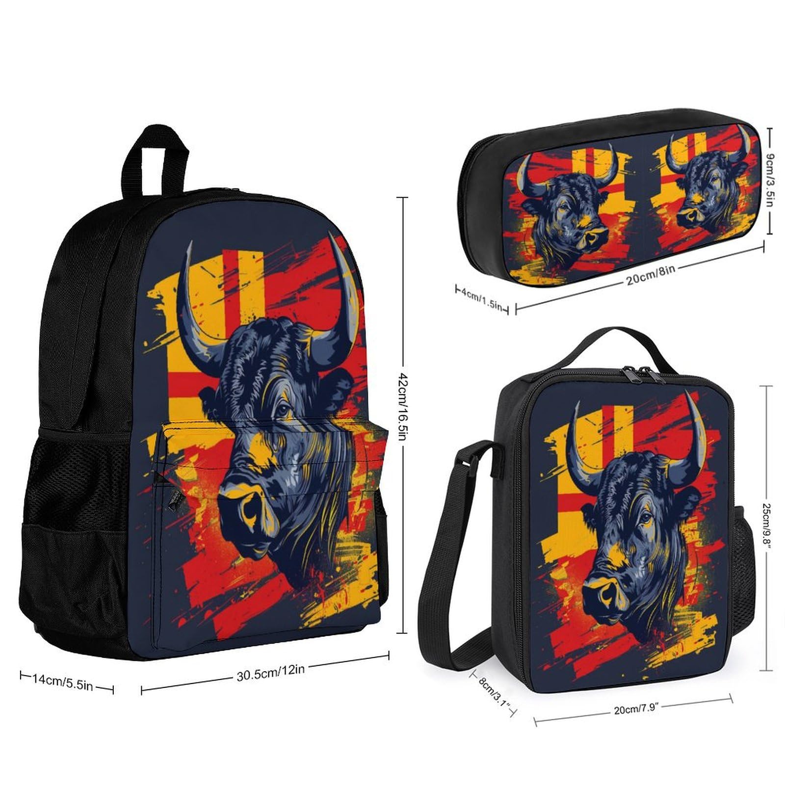 Sac à dos Taureau Personnalisé avec Boîte Déjeuner et Trousse Crayons, Lot de 3 Sacs d'école Imprimé Vache, Sac avec Boîte à Déjeuner