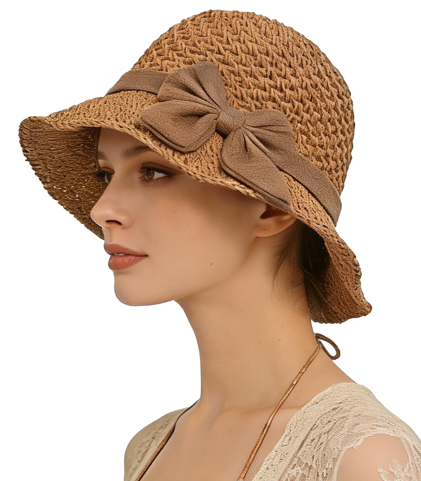 TINAYAUE Chapeau de Paille Pliable Femme, Anti-UV UPF Casquette de Soleil Respirante, Capeline Panama pour Plage, Voyage, Randonnée