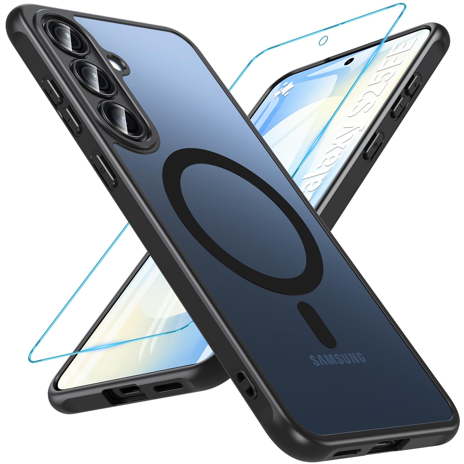 Magnetisch Für Samsung Galaxy S25 FE Hülle mit Panzerglas Glas,Militärschutz Handyhülle für S25 FE mit MagSafe Matt Transluzente Robust Schutzfolie Schutzhülle Case Cover für Samsung S25 FE(Schwarz)