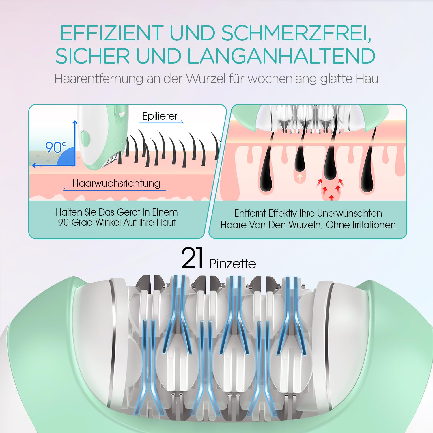 VOGOE Epilierer Damen mit 21 Pinzetten & LED-Licht, 2 Geschwindigkeiten Kabelloses Gesichtshaarentferner für Frauen, Elektrischer Epilierer Wiederaufladbar für Arme, Beine, Gesicht HR110 (Grün)