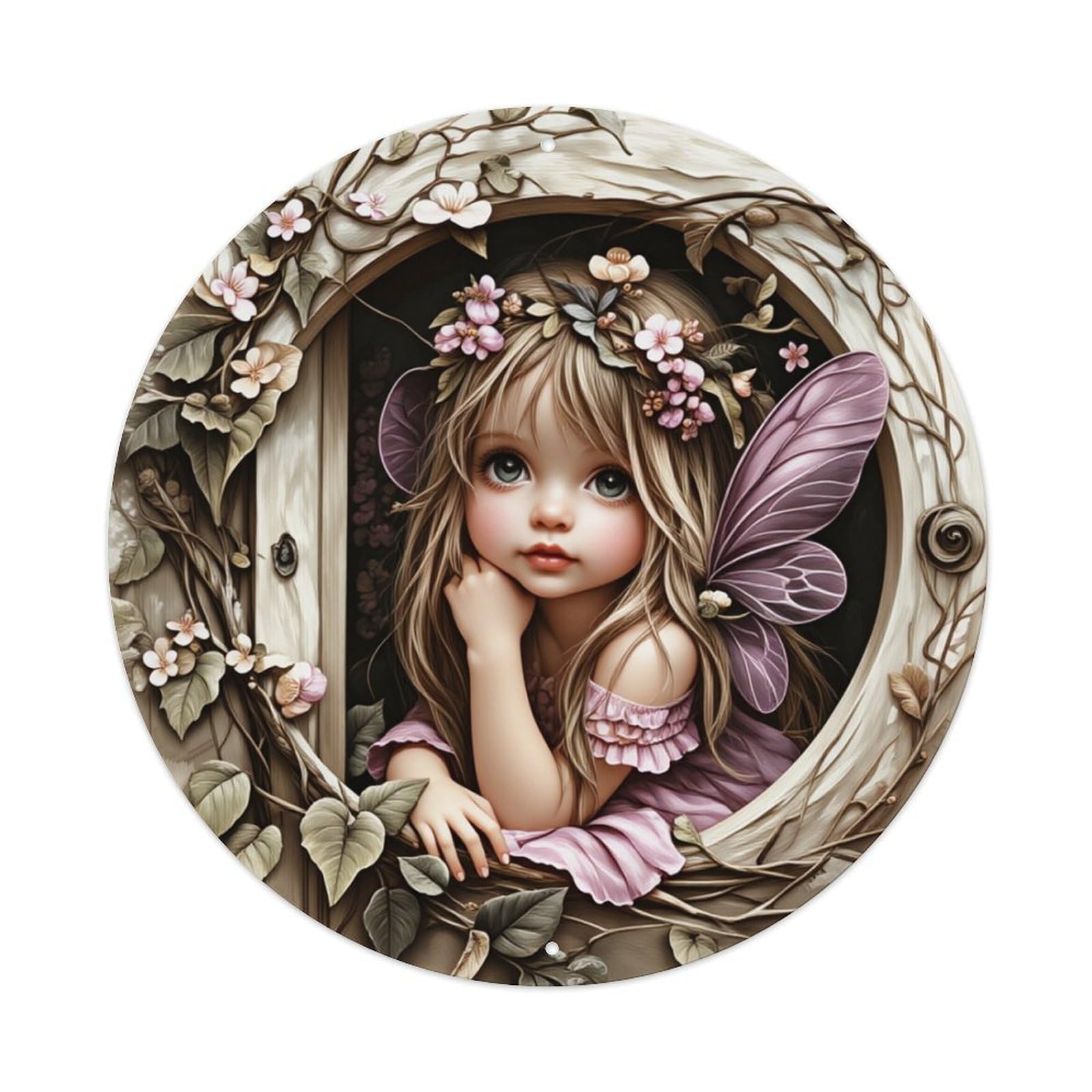 Fairy Girl Floral Wings Round Tin Sign Retro Metal Sign for Cafe Bar Pub Home Game Room Gym Club Wall Decoration Vintage Metal Poster 8x8 Inch