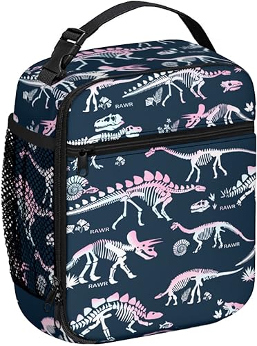 Miniatura 3 de Lonchera con diseño de esqueleto de dinosaurios, huesos de dinosaurio degradado rosa y blanco, reutilizable, aislada, con correa para el hombro,