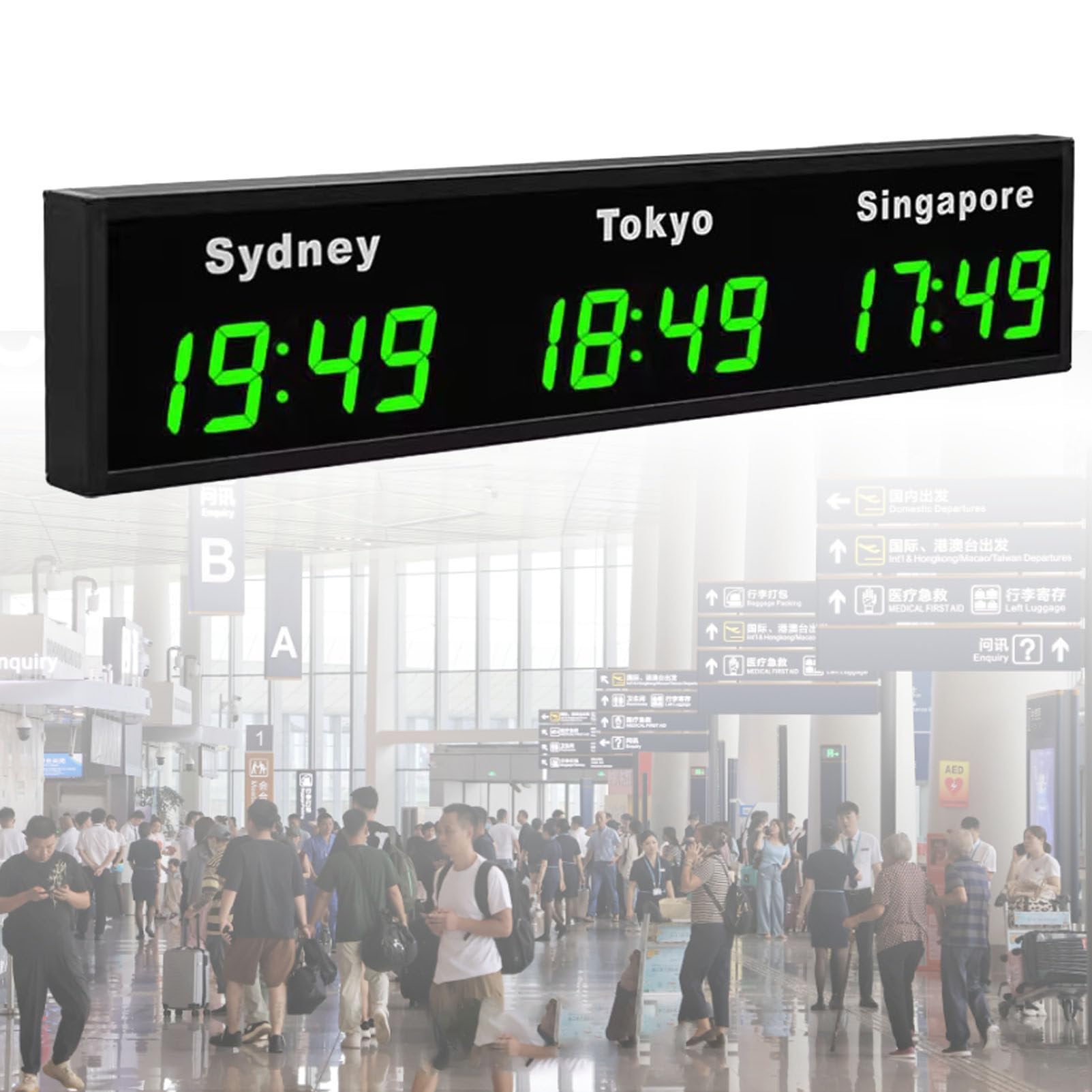 KUNYOS World Time Zones Clock, LED Digital Multiple 3/4/5 Cities Wall for Hotels/Enterprises/Airports/Multinational Enterprises Blue-3City (3city Green)