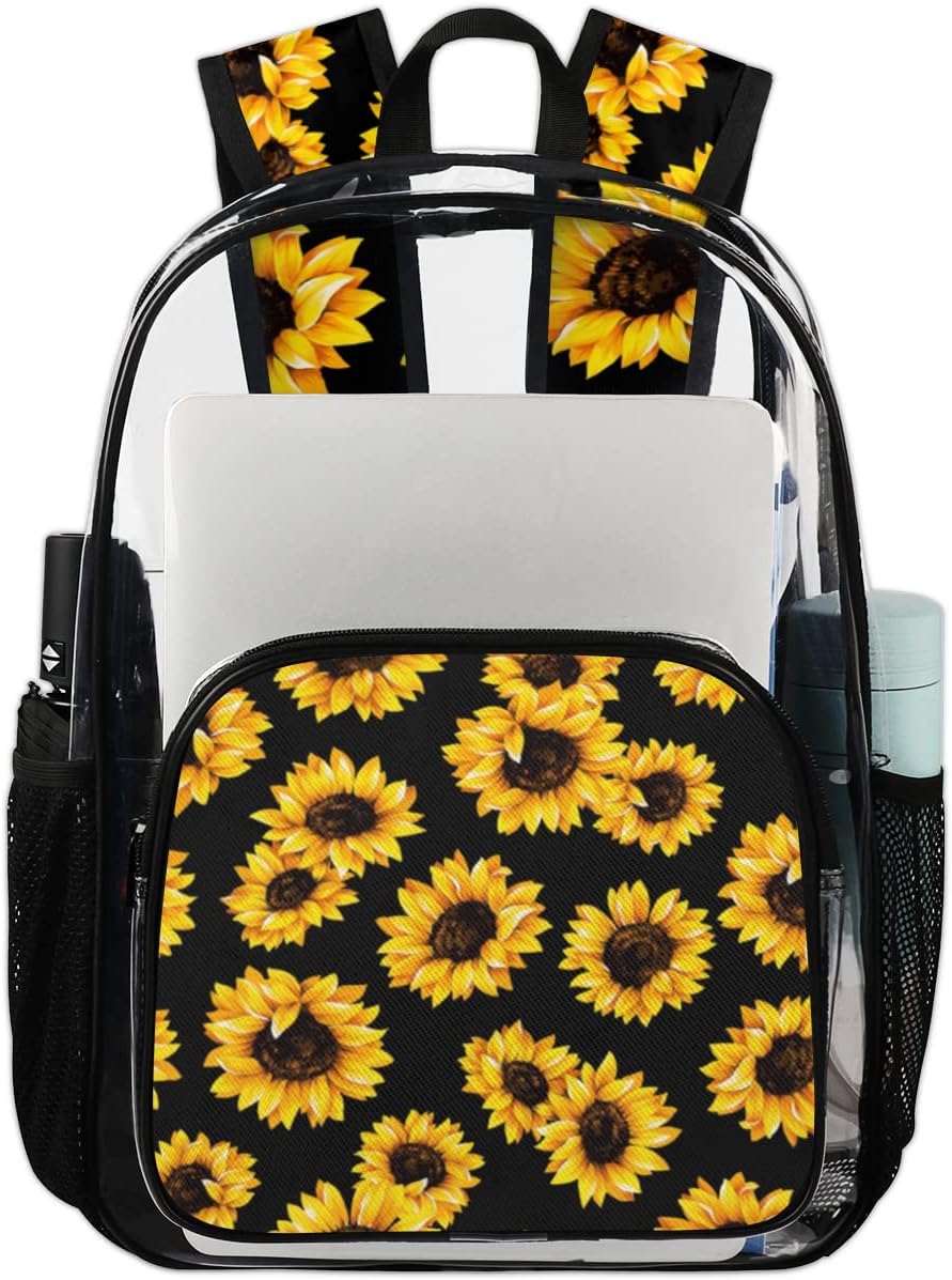 Floral Sunflower Pattern Clear Backpack Stadium Approved Heavy Duty PVC Transparent Backpacks Large See Through Bag for Work Travel Sports Events Concerts