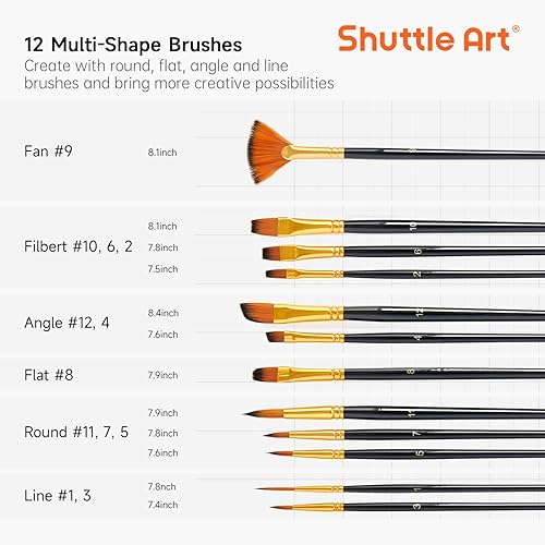 Miniatura 2 de Shuttle Art Juego de 12 pinceles de pintura con estuche, formas y tamaños surtidos para acrílico, acuarela, óleo y gouache, pinceles de artista