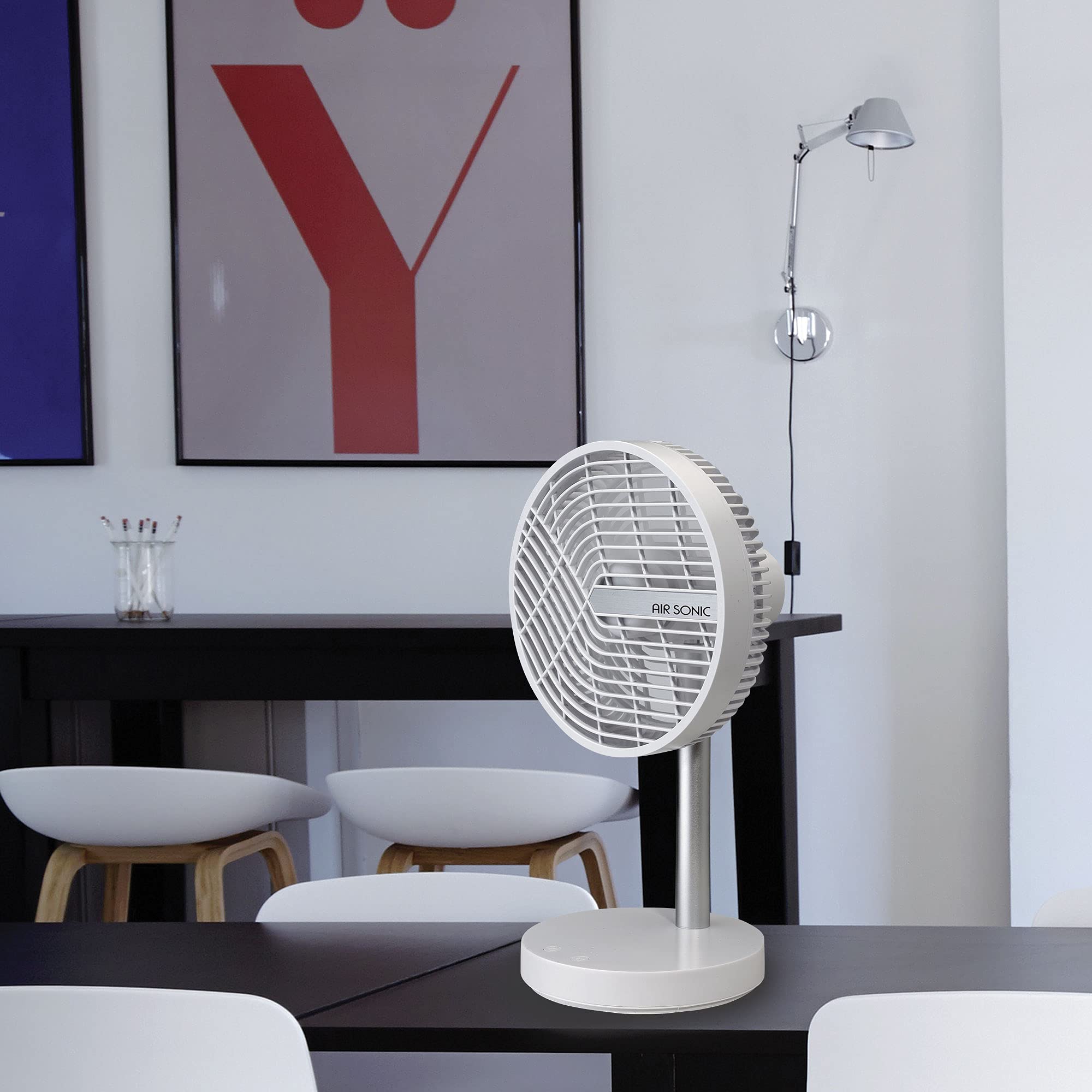 Bimar VD220 Ventilatore da Tavolo Silenzioso USB, Batteria Ricaricabile Litio, portatile D.20 cm, Oscillante, Controllo vocale, Wireless Senza Fili, 4 Velocità, Altezza 37 cm