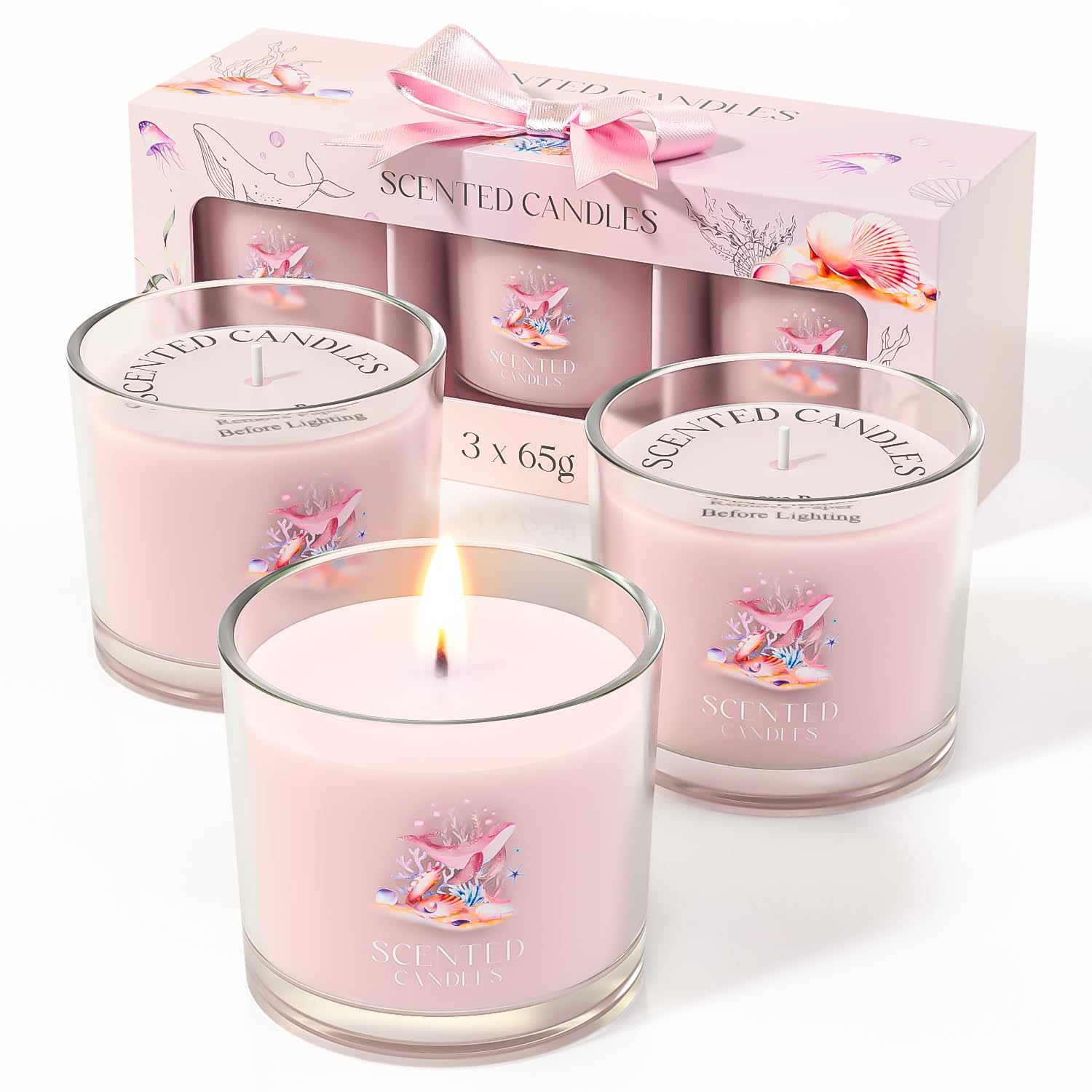 CHILLFLAME Scented Candles Gifts for Women, Candle Gift Set for Her, 3 Pink Ocean Candles, Birthday Gifts for Women/Men (Pink, 7 oz)