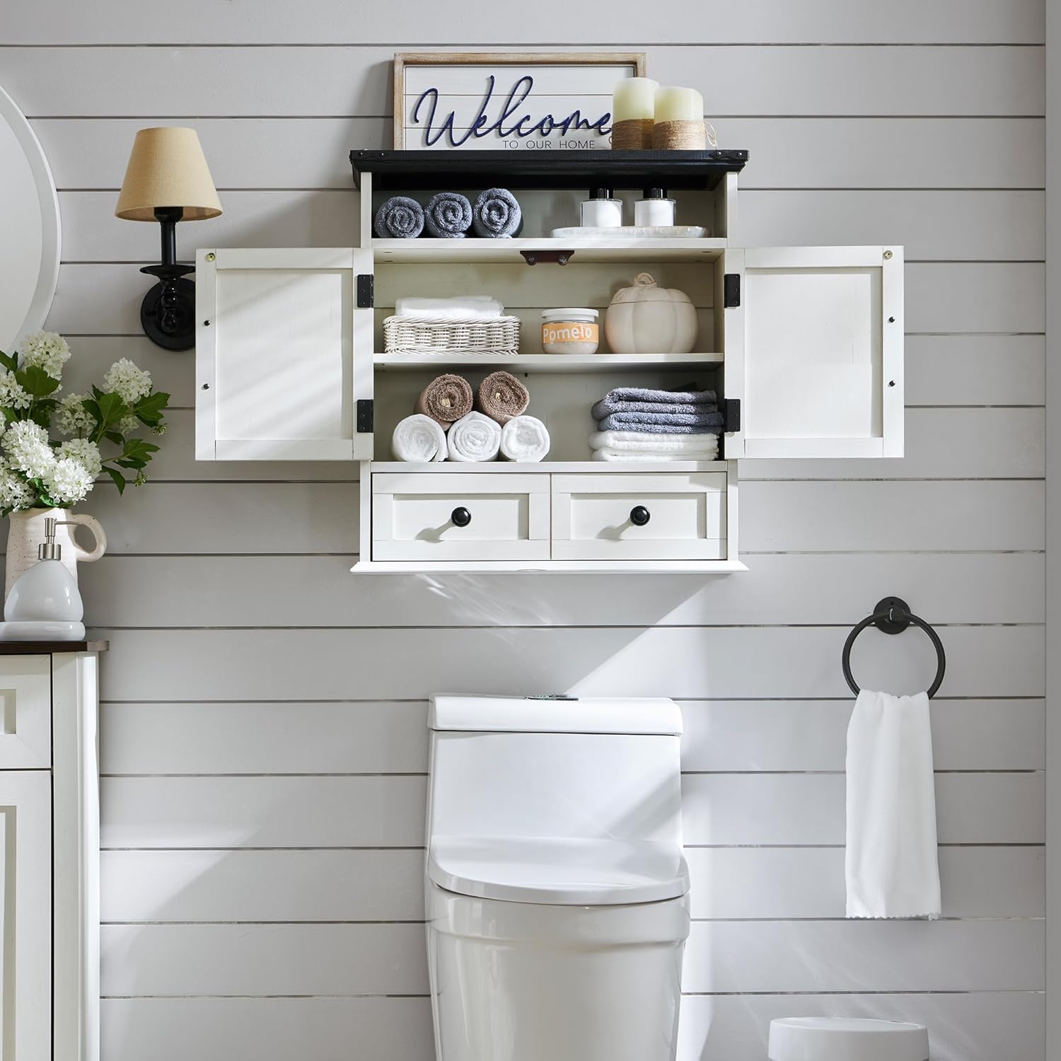 ACCOHOHO Bathroom Wall Cabinet, Farmhouse 24" Wide Medicine Cabinet with Drawer, Adjustable Shelf, Double Barn Doors, Storage Cabinets for Bathroom, Kitchen, Living Room, Off White